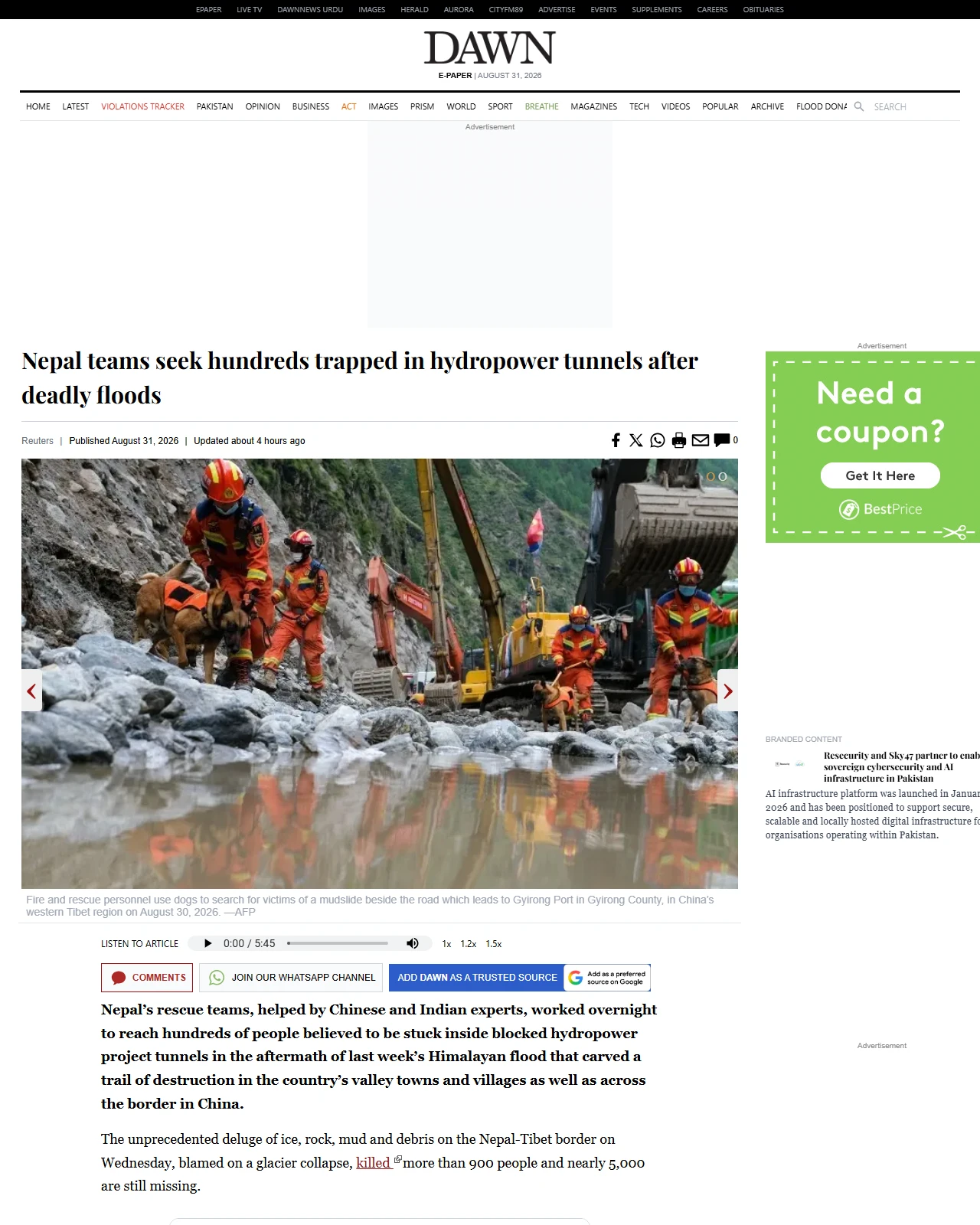 dawn.com as published: Nepal teams seek hundreds trapped in hydropower tunnels after deadly floods