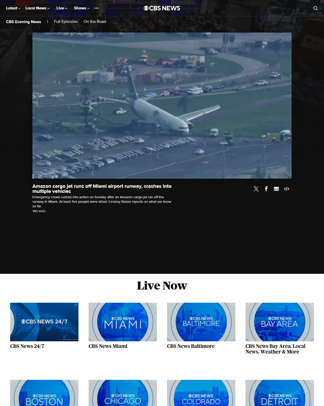 cbsnews.com as published: Amazon cargo jet runs off Miami airport runway, crashes into multiple vehicles