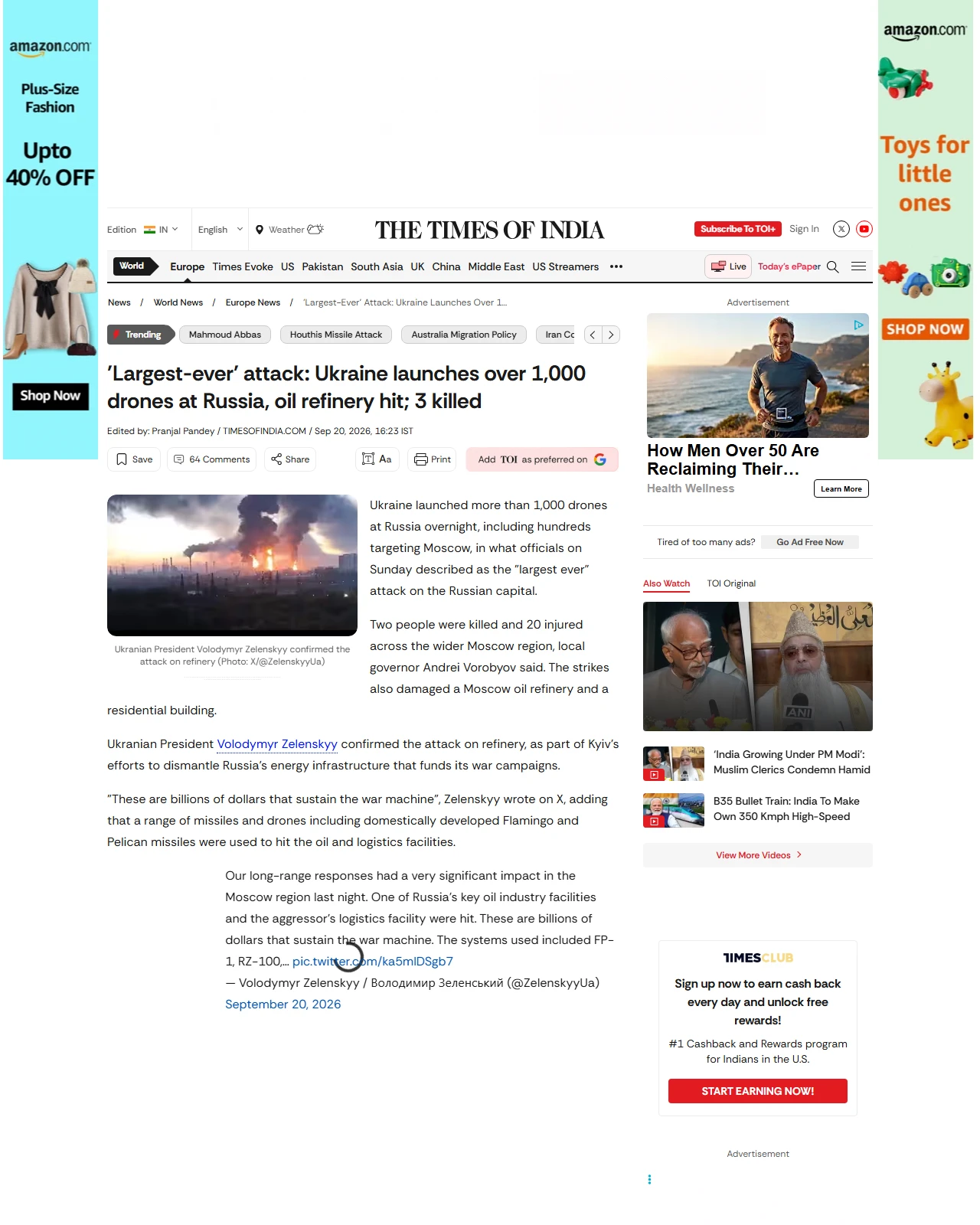 timesofindia.indiatimes.com as published: 'Largest-ever' attack: Ukraine launches over 1,000 drones at Russia, oil refinery hit