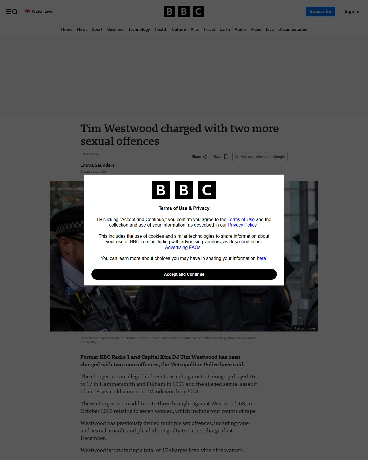 bbc.com as published: Tim Westwood charged with two more sexual offences