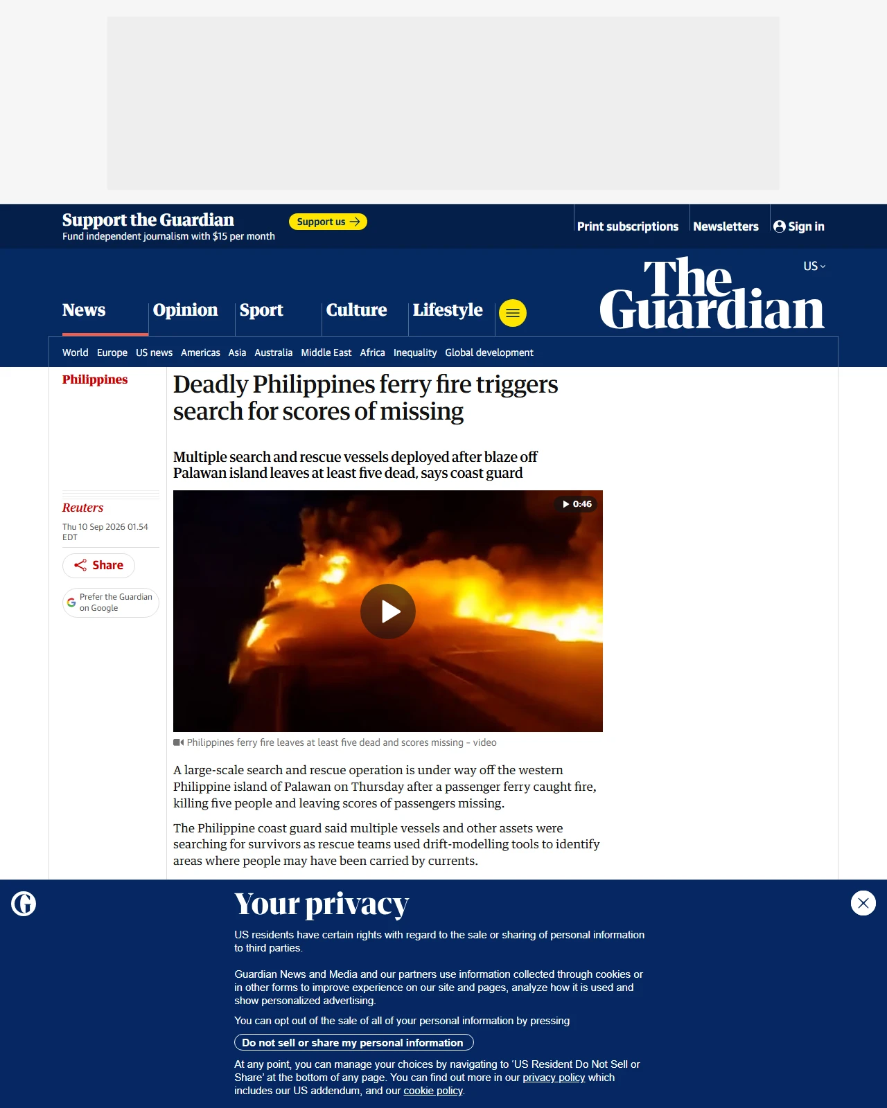 theguardian.com as published: Deadly Philippines ferry fire triggers search for scores of missing