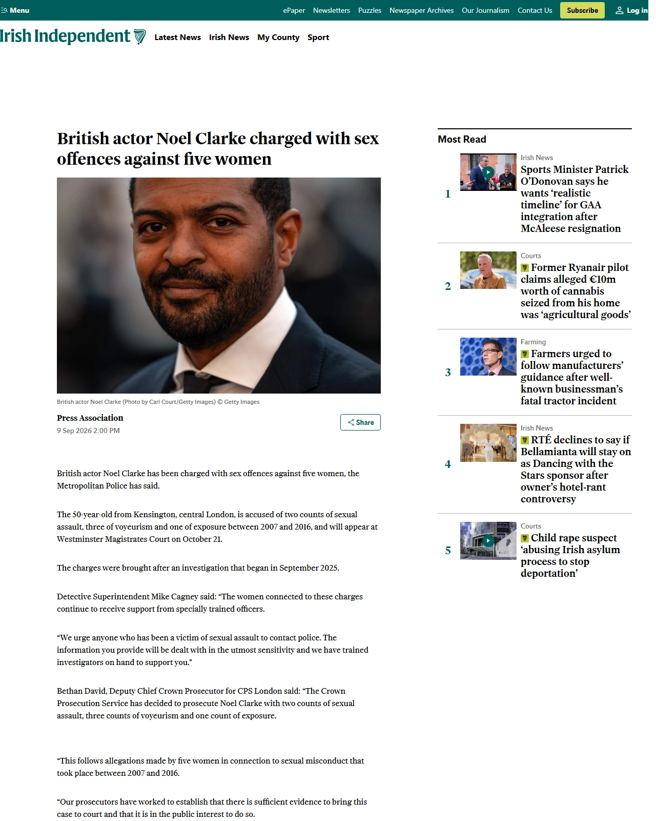 independent.ie as published: British actor Noel Clarke charged with sex offences against five women