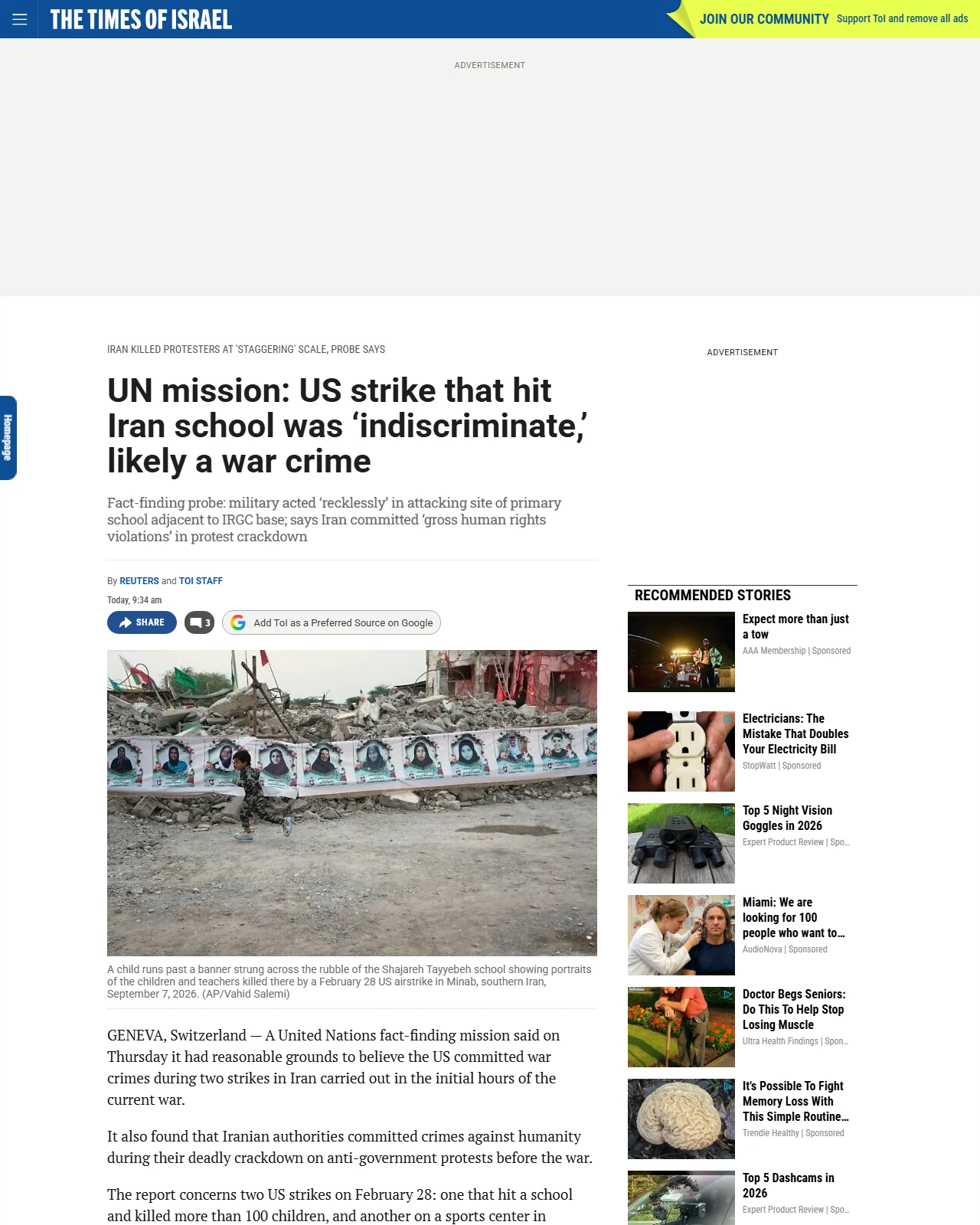 timesofisrael.com as published: UN mission: US strike that hit Iran school was ‘indiscriminate,’ likely a war crime