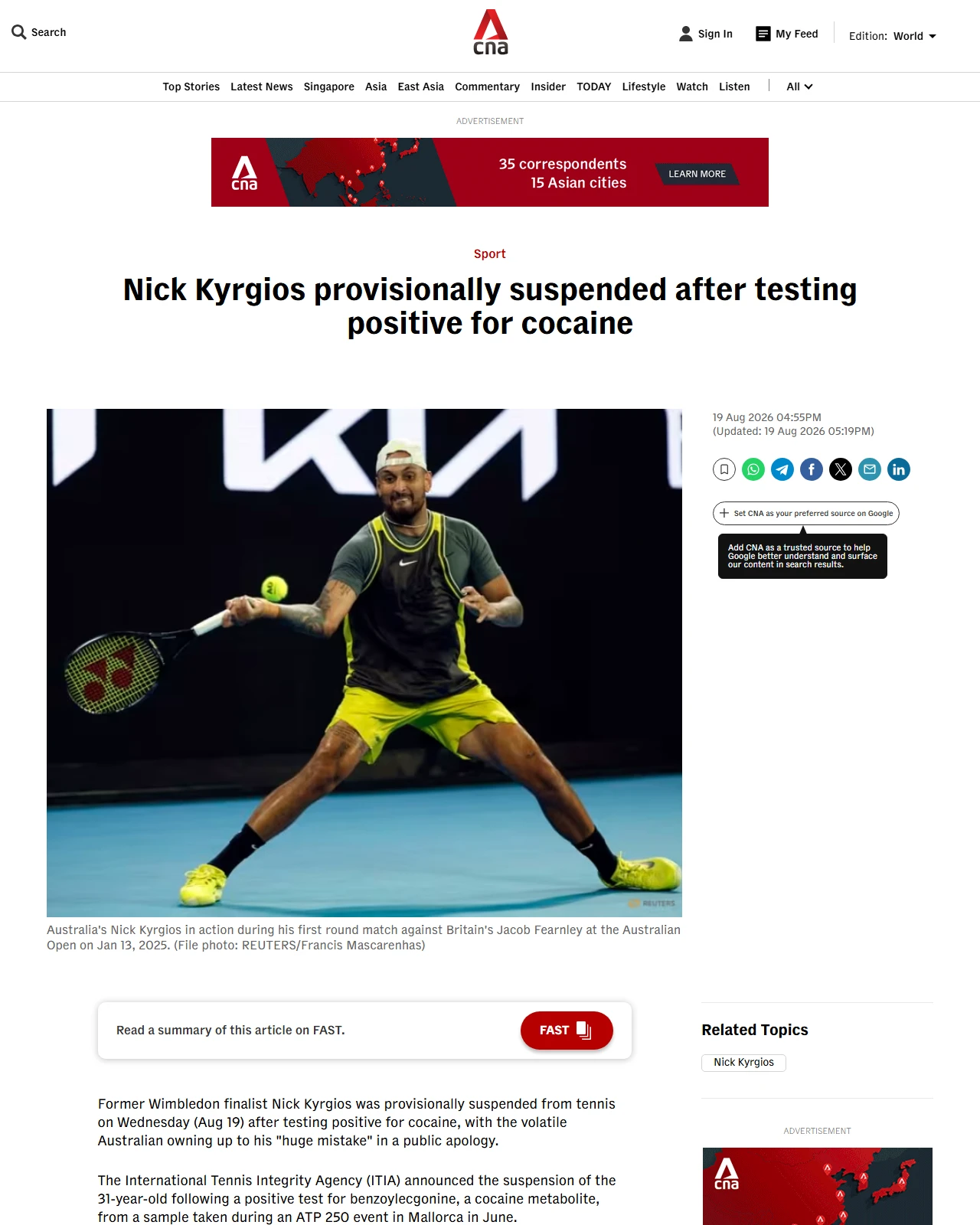 channelnewsasia.com as published: Nick Kyrgios provisionally suspended after testing positive for cocaine