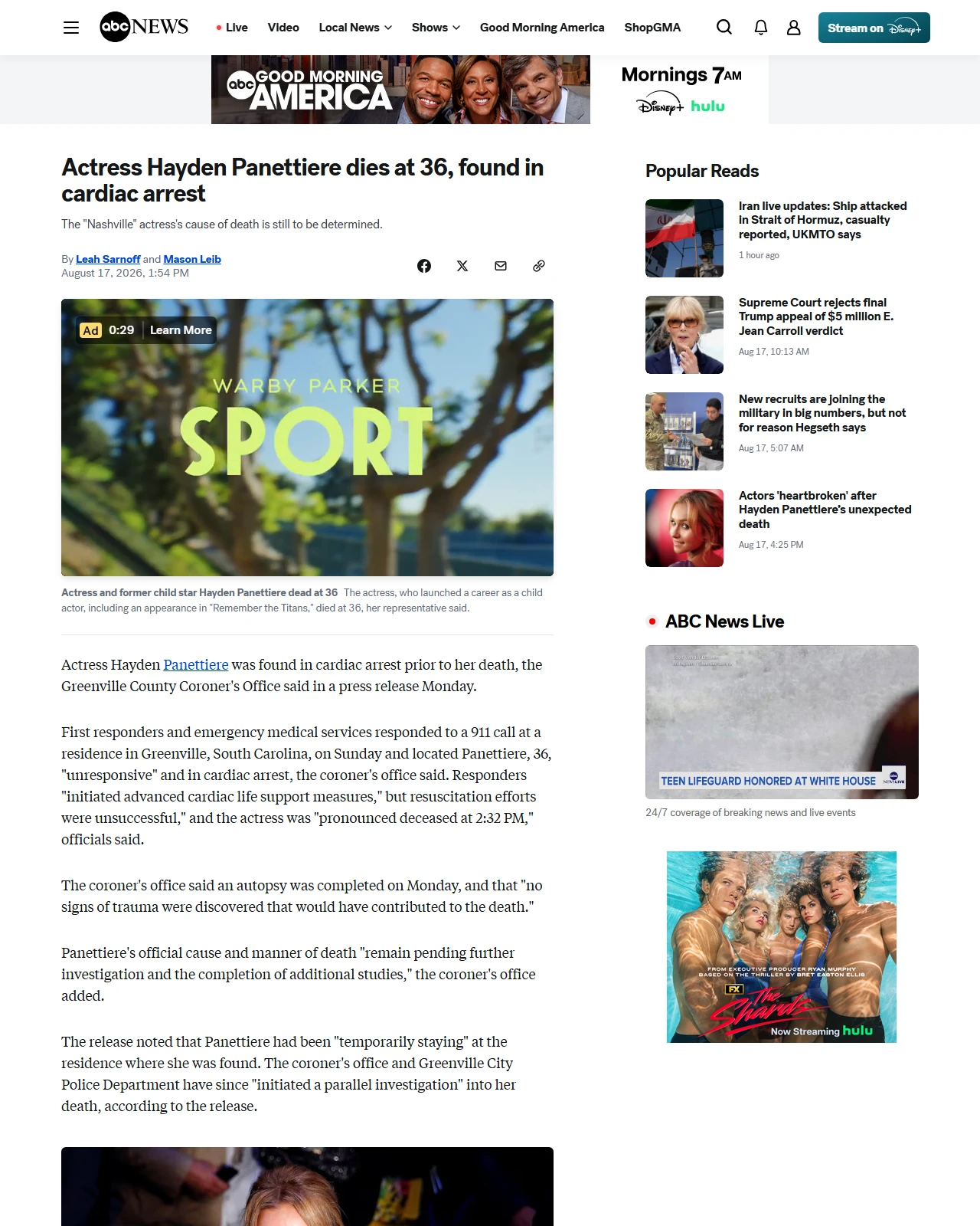 abcnews.com as published: Actress Hayden Panettiere dies at 36, found in cardiac arrest - ABC News
