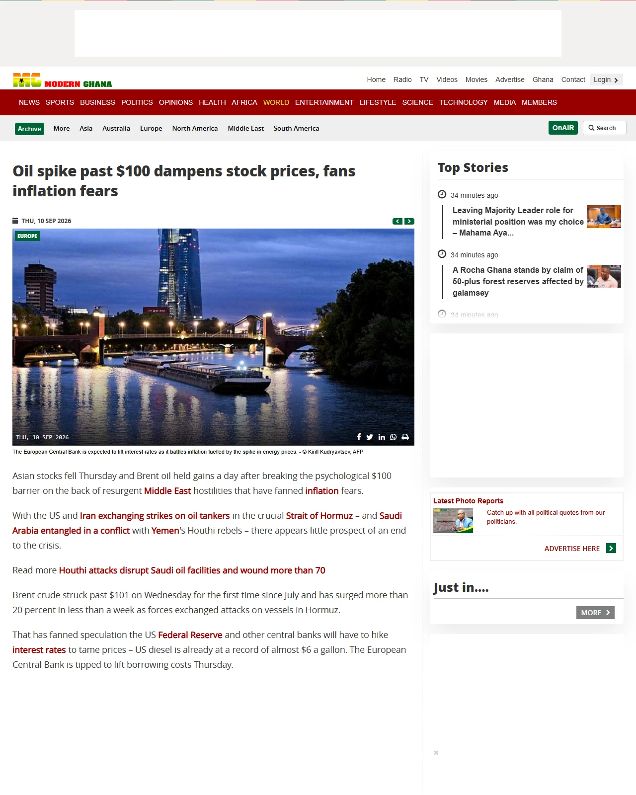 modernghana.com as published: Oil spike past $100 dampens stock prices, fans inflation fears