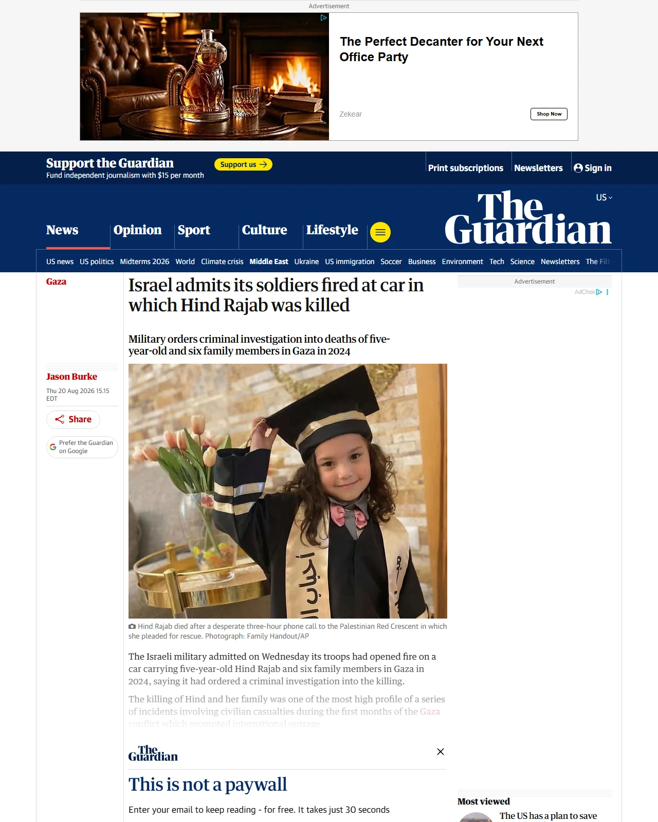 theguardian.com as published: Israel admits its soldiers fired at car in which Hind Rajab was killed
