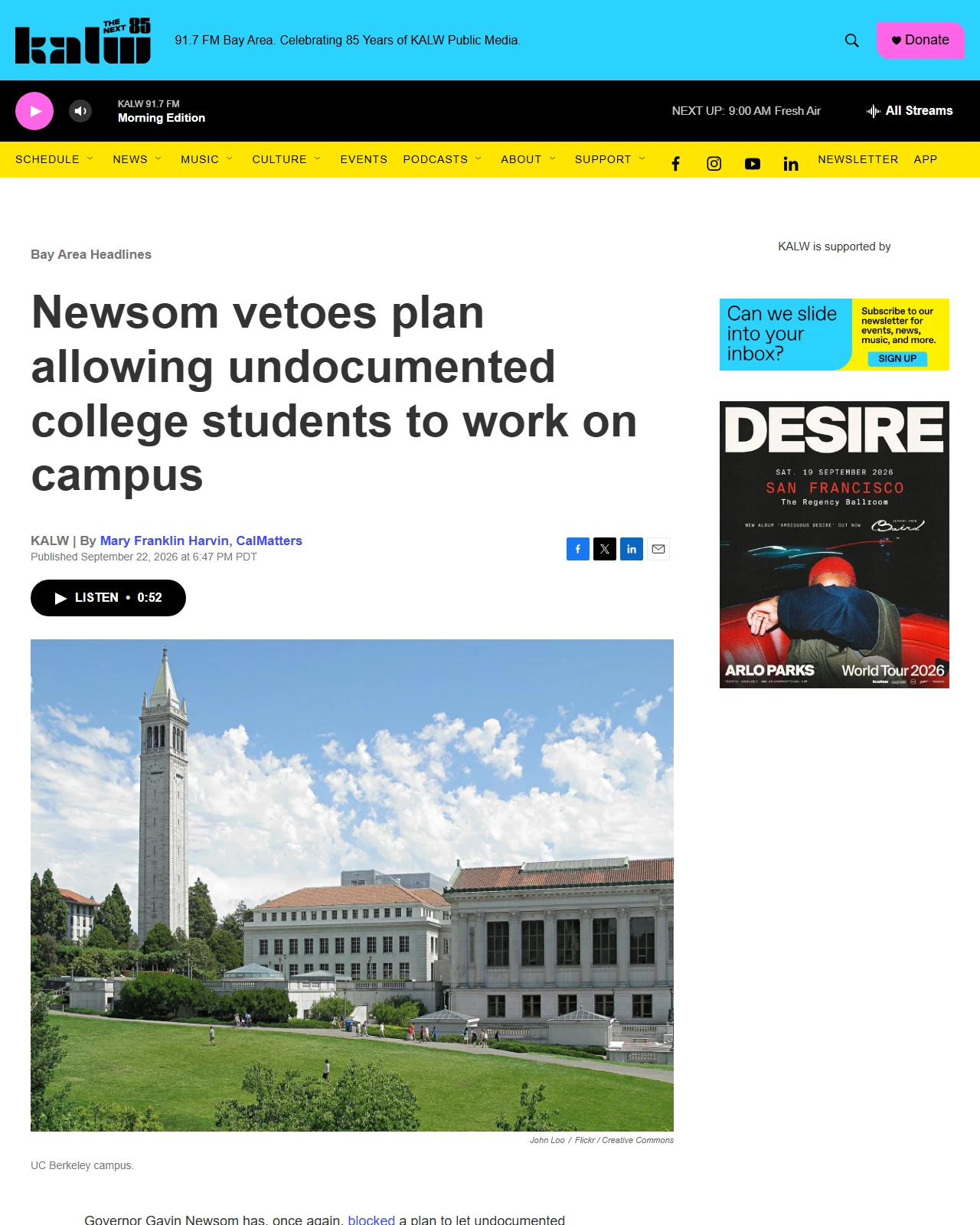 kalw.org as published: Newsom vetoes plan allowing undocumented college students to work on campus