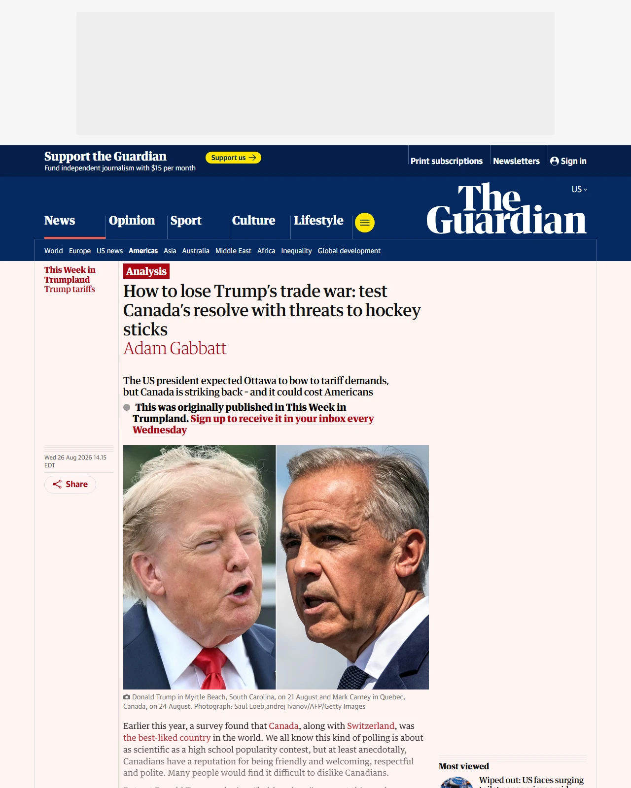 theguardian.com as published: How to lose Trump’s trade war: test Canada’s resolve with threats to hockey sticks