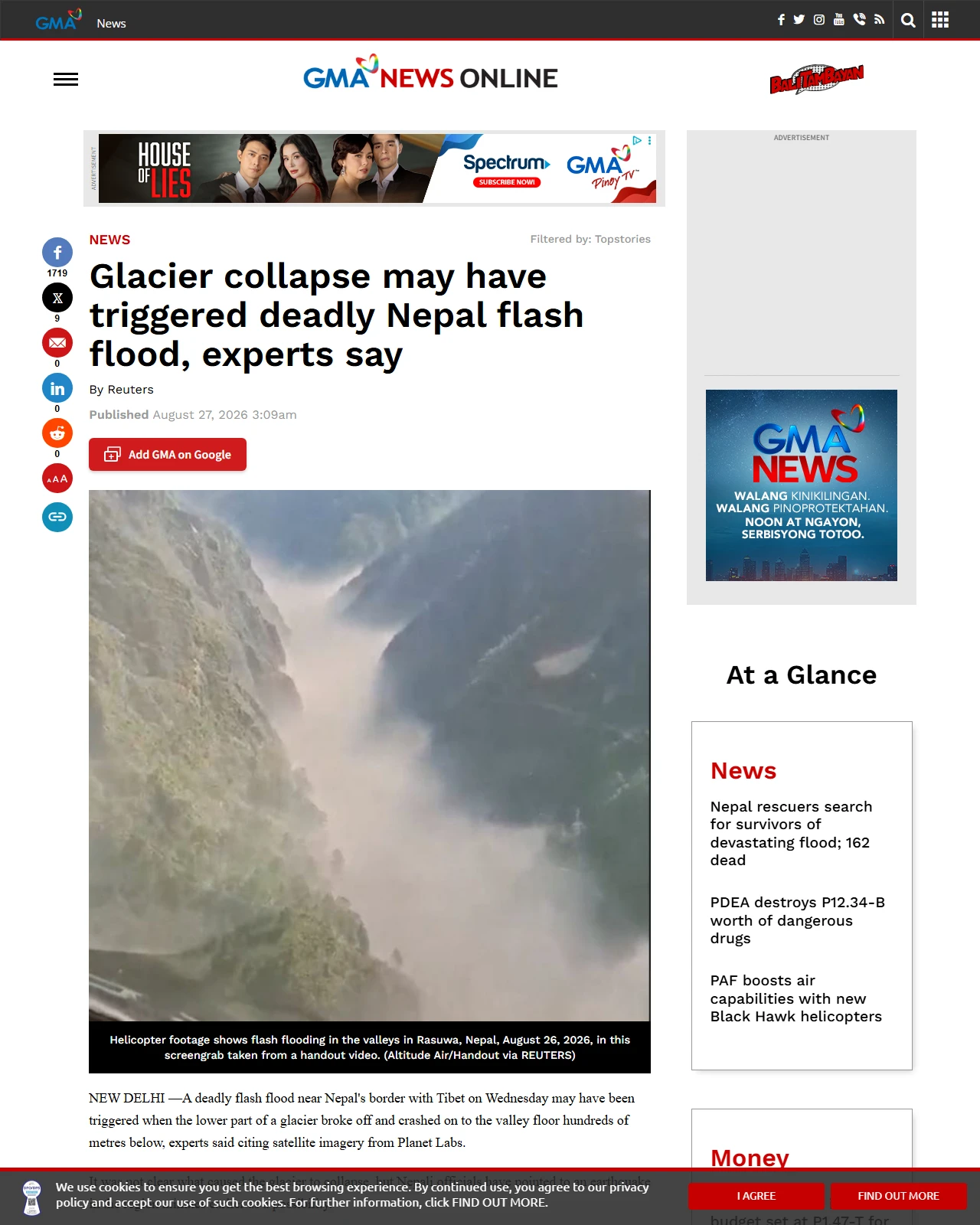 gmanetwork.com as published: Glacier collapse may have triggered deadly Nepal flash flood, experts say