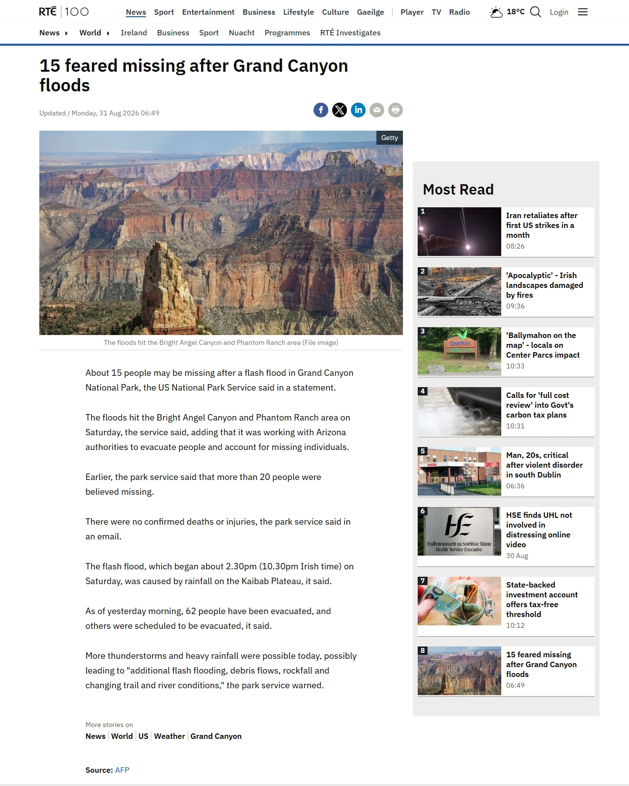 rte.ie as published: 15 feared missing after Grand Canyon floods