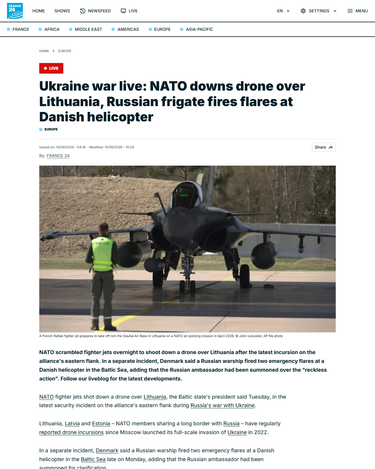 s.france24.com as published: Ukraine war live: NATO downs drone over Lithuania, Russian frigate fires flares at Danish helicopter