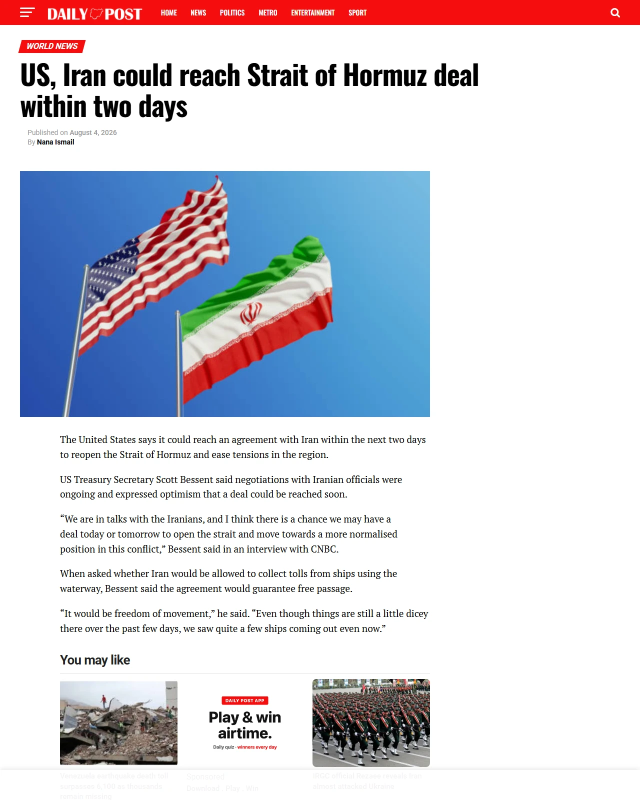 dailypost.ng as published: US, Iran could reach Strait of Hormuz deal within two days