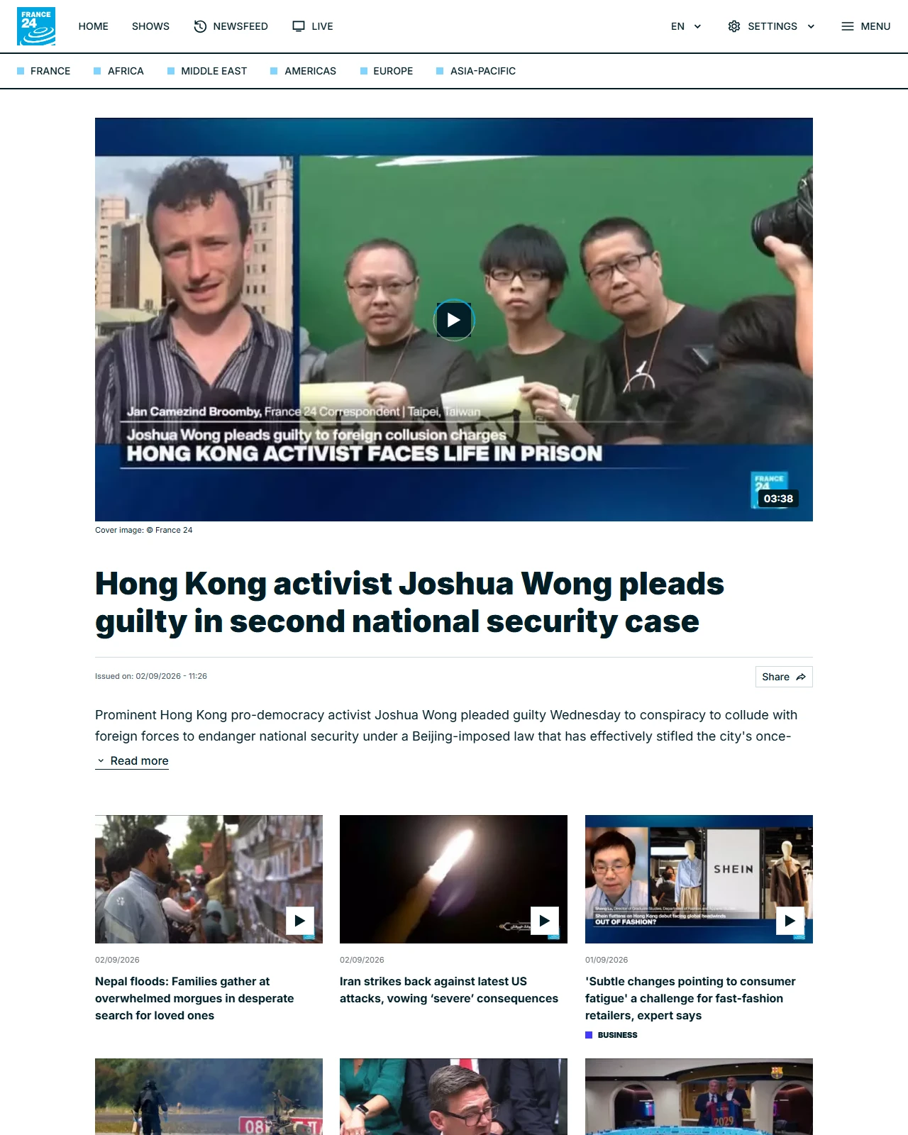 france24.com as published: Hong Kong activist Joshua Wong pleads guilty in second national security case