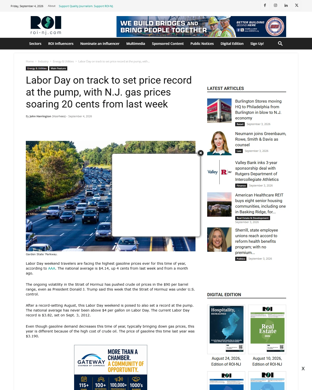 roi-nj.com as published: Labor Day on track to set price record at the pump, with N.J. gas prices soaring 20 cents from last week - ROI-NJ
