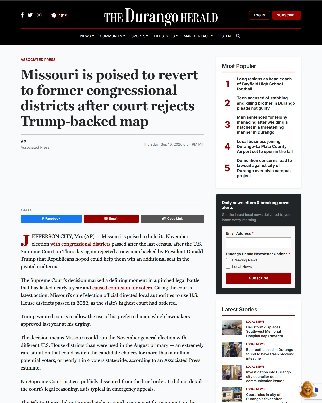 durangoherald.com as published: Missouri is poised to revert to former congressional districts after court rejects Trump-backed map