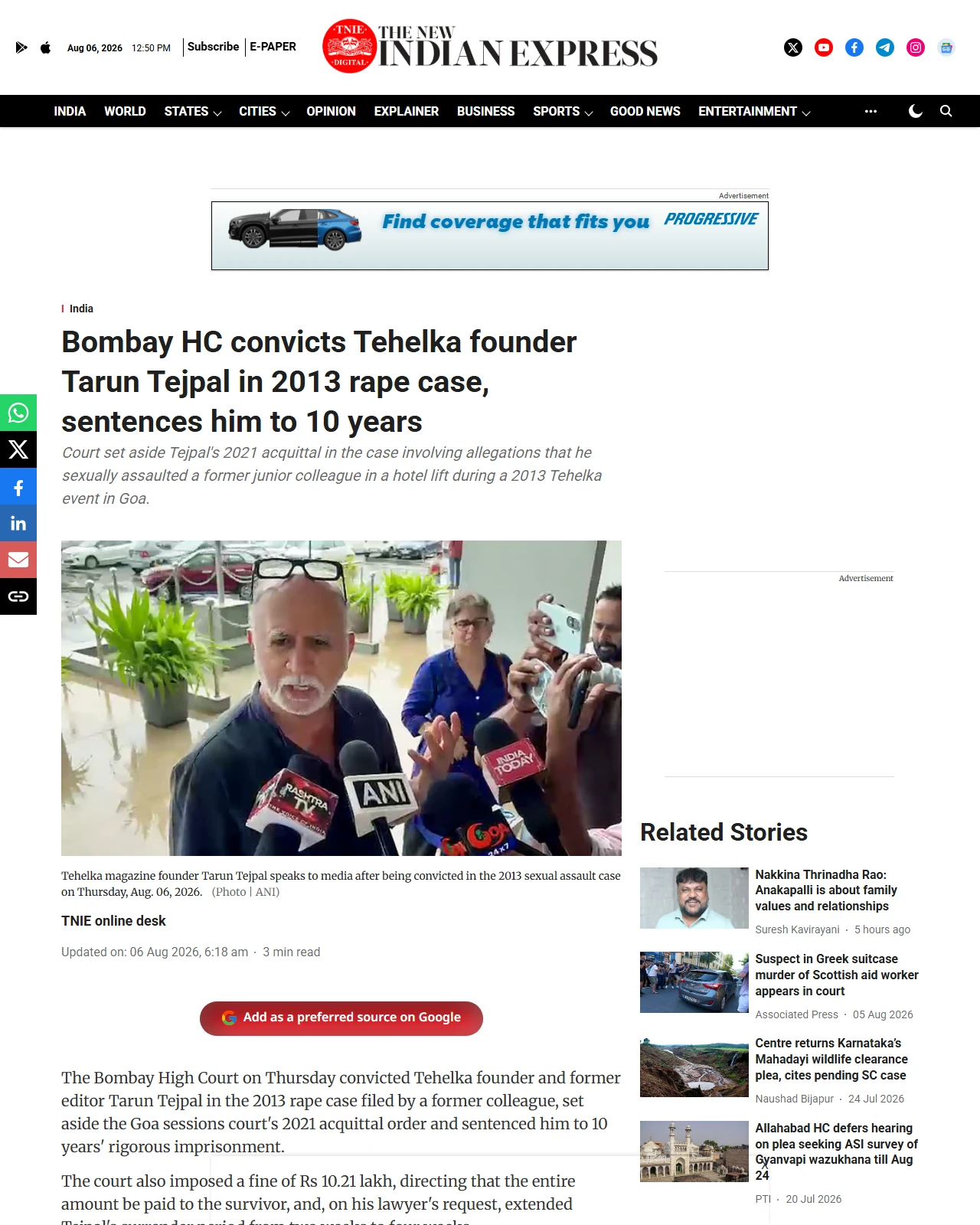 newindianexpress.com as published: Bombay HC convicts Tehelka founder Tarun Tejpal in 2013 rape case, sentences him to 10 years