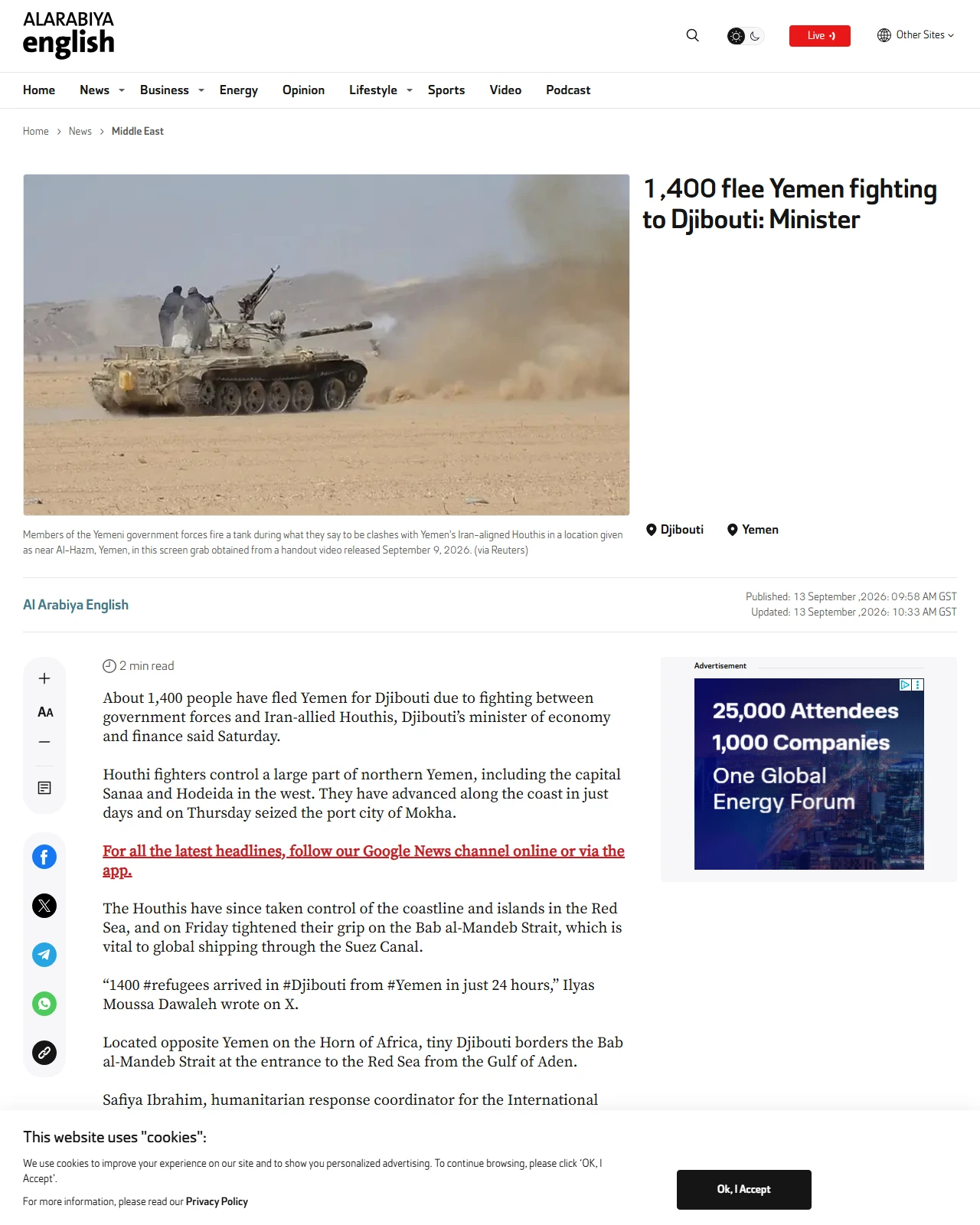 english.alarabiya.net as published: 1,400 flee Yemen fighting to Djibouti: Minister