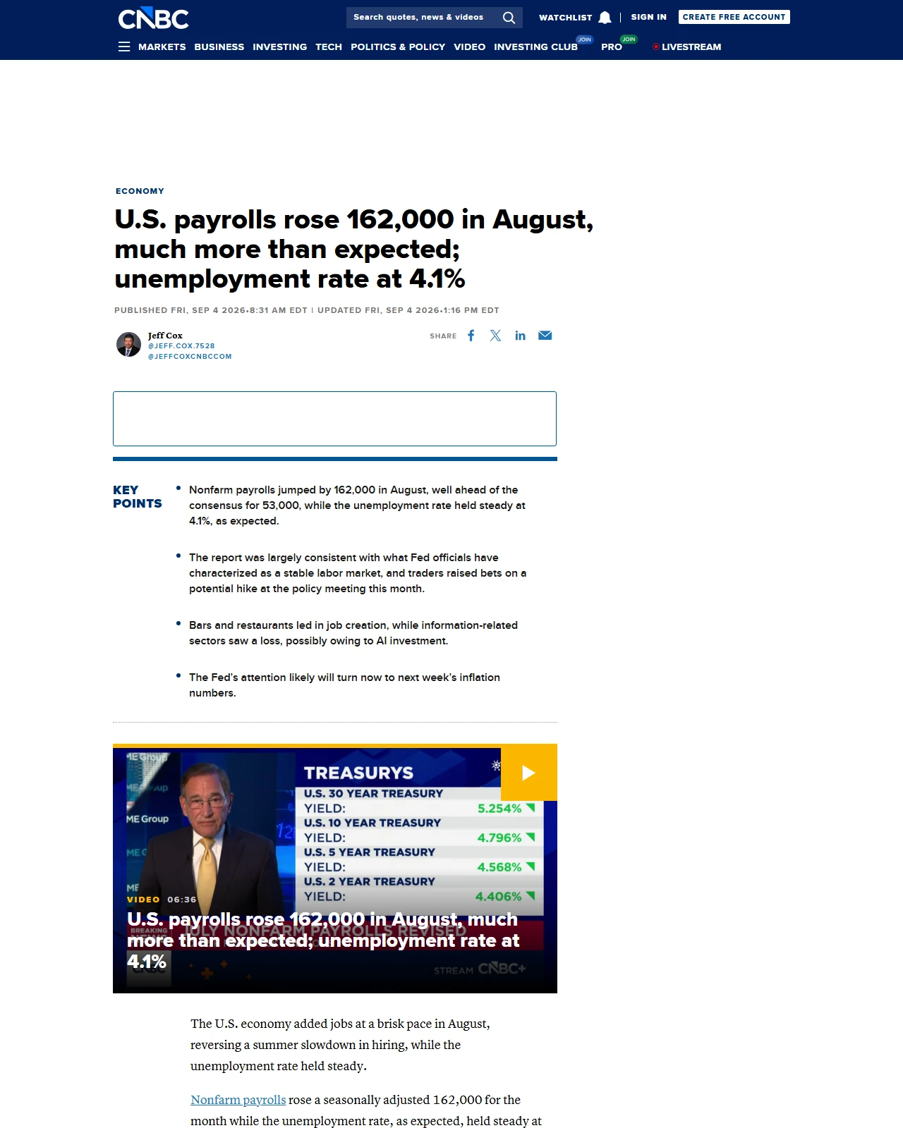 cnbc.com as published: U.S. payrolls rose 162,000 in August, much more than expected; unemployment rate at 4.1%