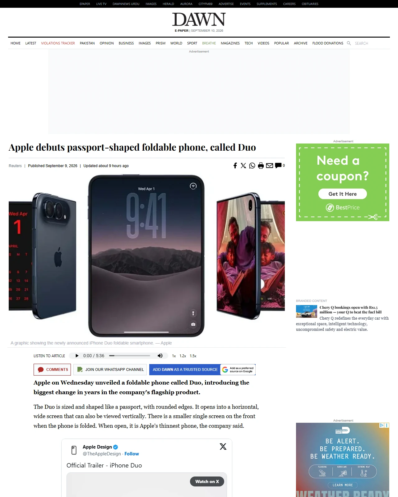 dawn.com as published: Apple debuts passport-shaped foldable phone, called Duo