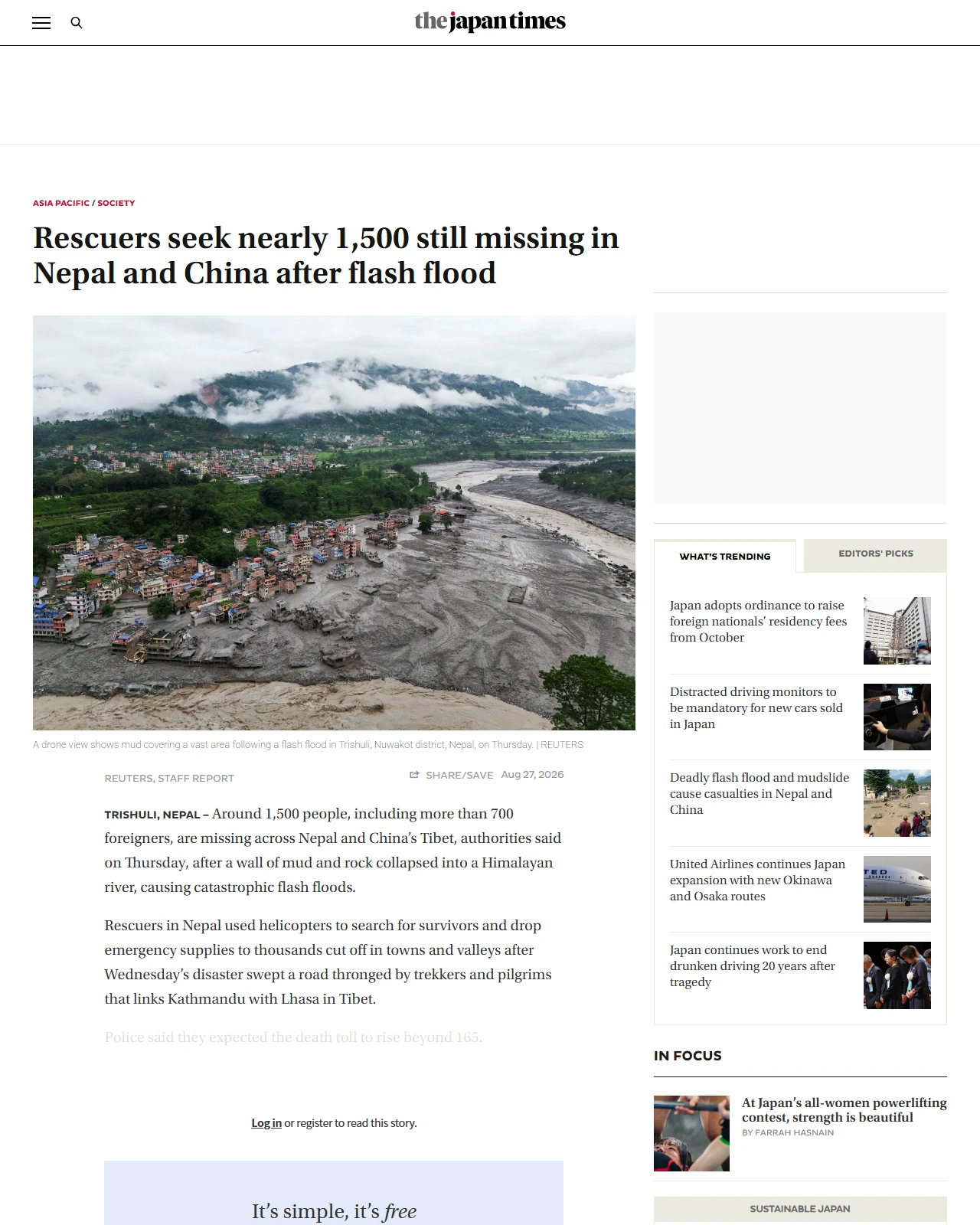 japantimes.co.jp as published: Rescuers seek nearly 1,500 still missing in Nepal and China after flash flood