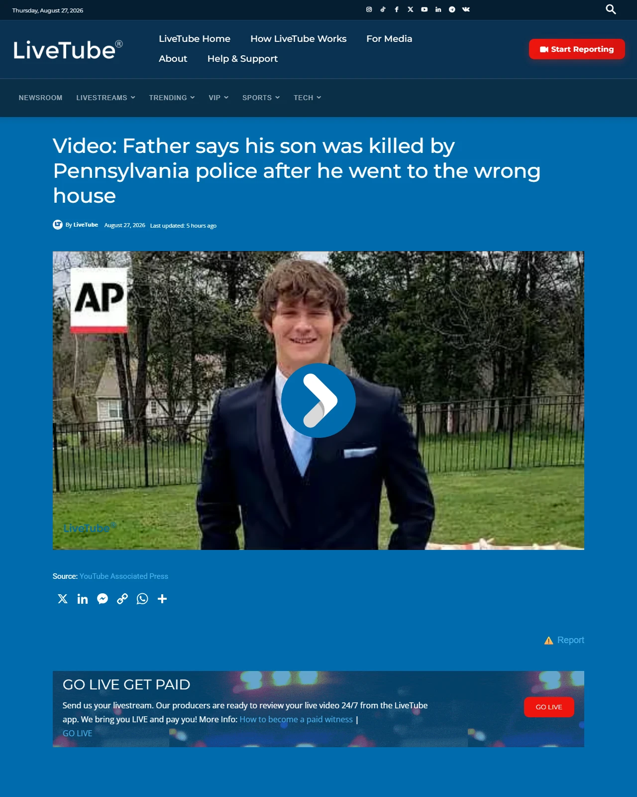 livetube.tv as published: Video: Father says his son was killed by Pennsylvania police after he went to the wrong house
