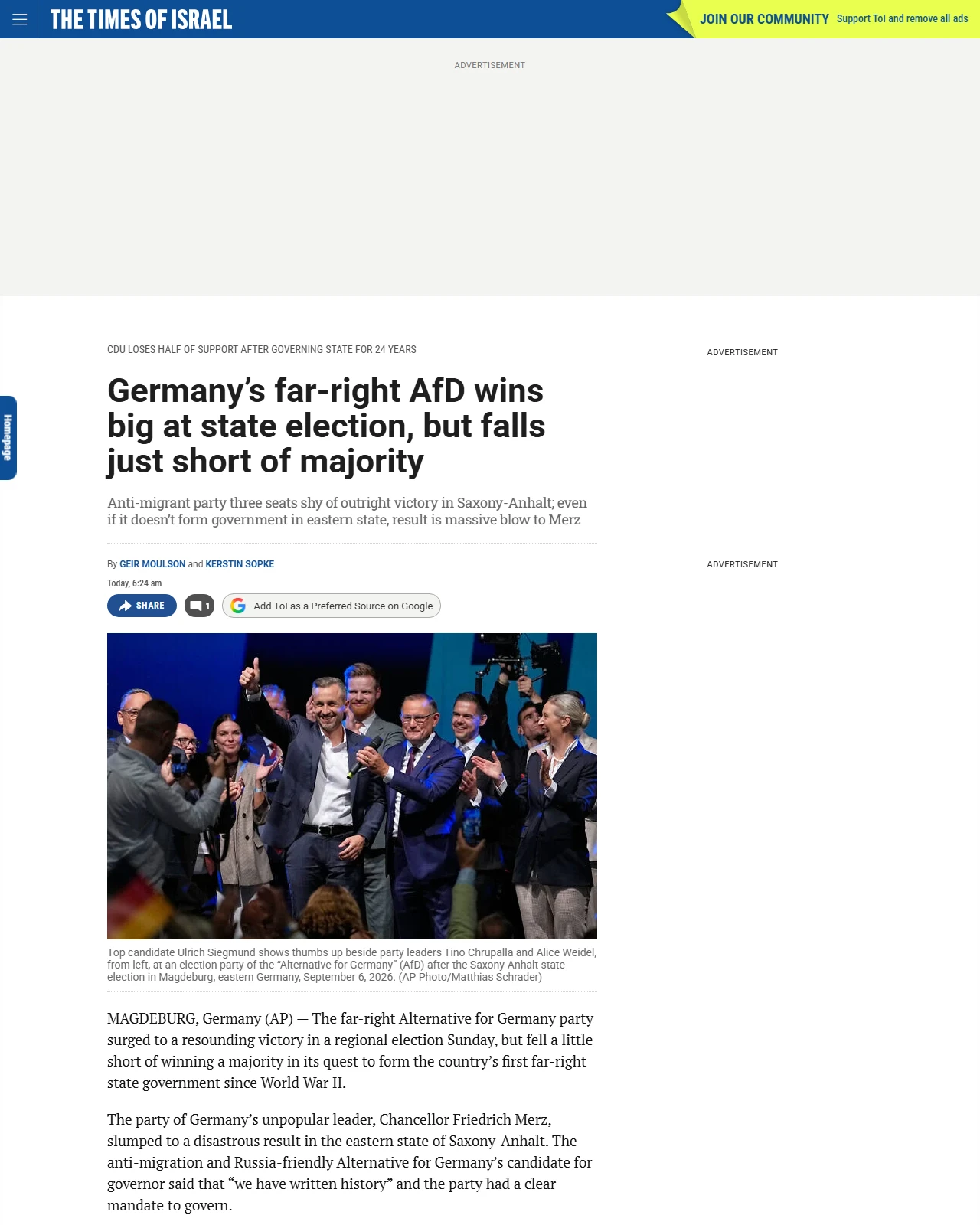 timesofisrael.com as published: Germany’s far-right AfD wins big at state election, but falls just short of majority