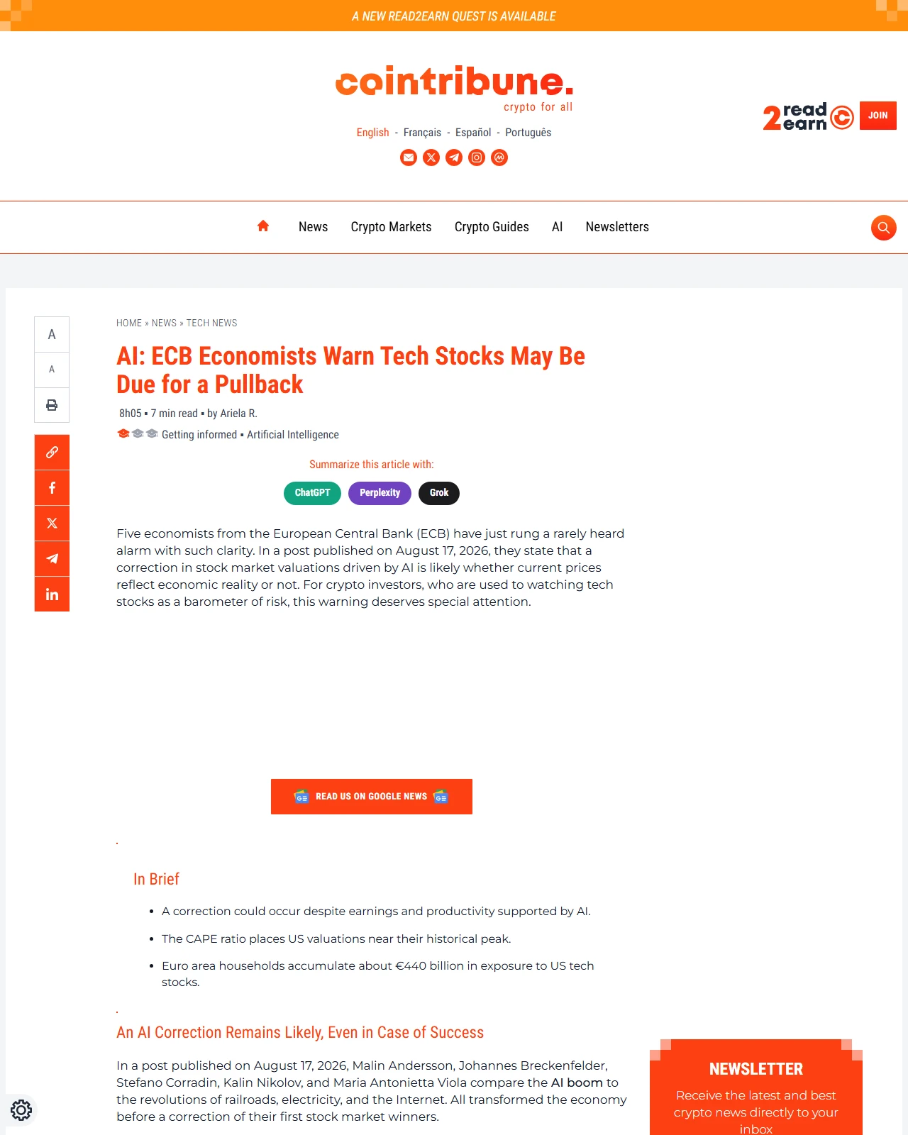 cointribune.com as published: €440B Exposed: ECB Fears an AI Stock Market Crash