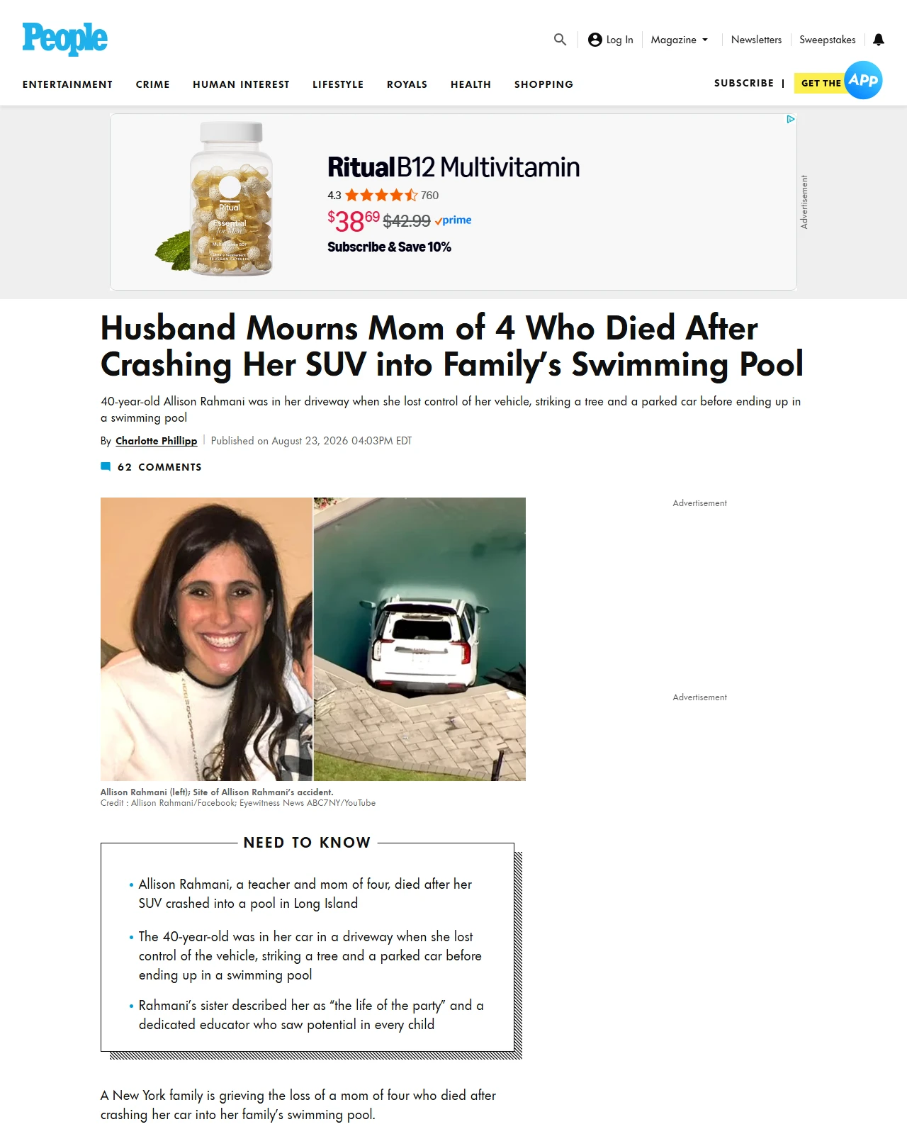 people.com as published: Husband Mourns Mom of 4 Who Died After Crashing Her SUV into Family’s Swimming Pool