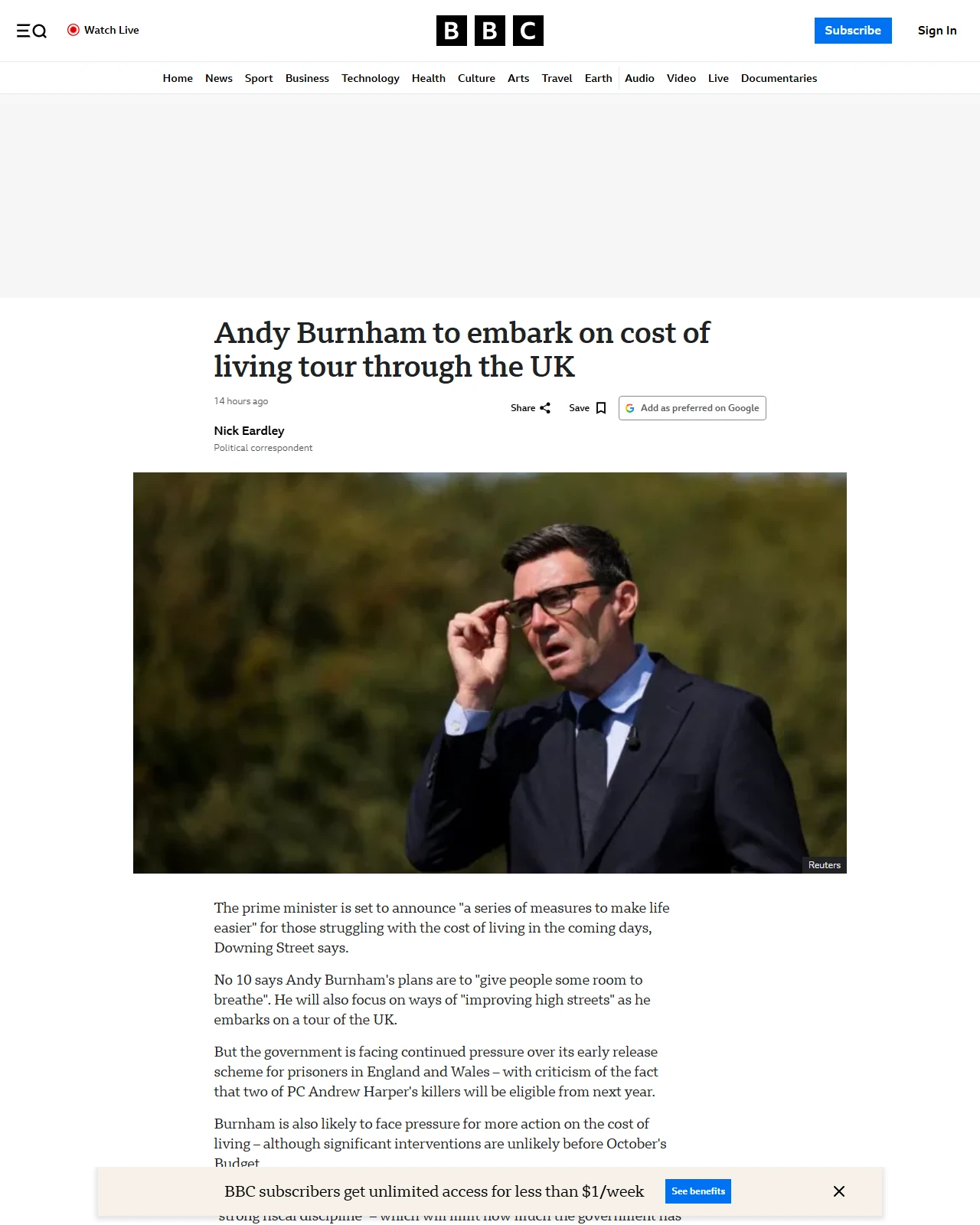 bbc.co.uk as published: Andy Burnham to embark on cost of living tour through the UK