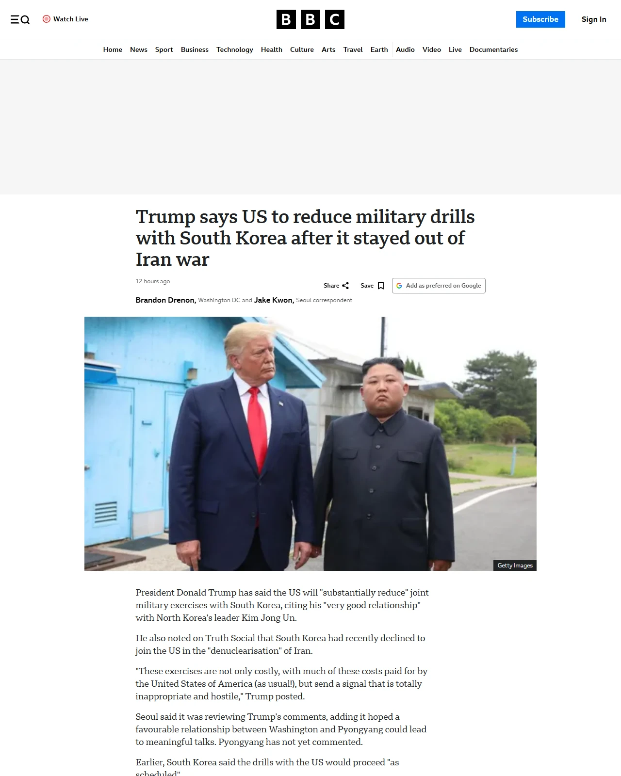 bbc.co.uk as published: Trump says US to reduce military drills with South Korea after it stayed out of Iran war