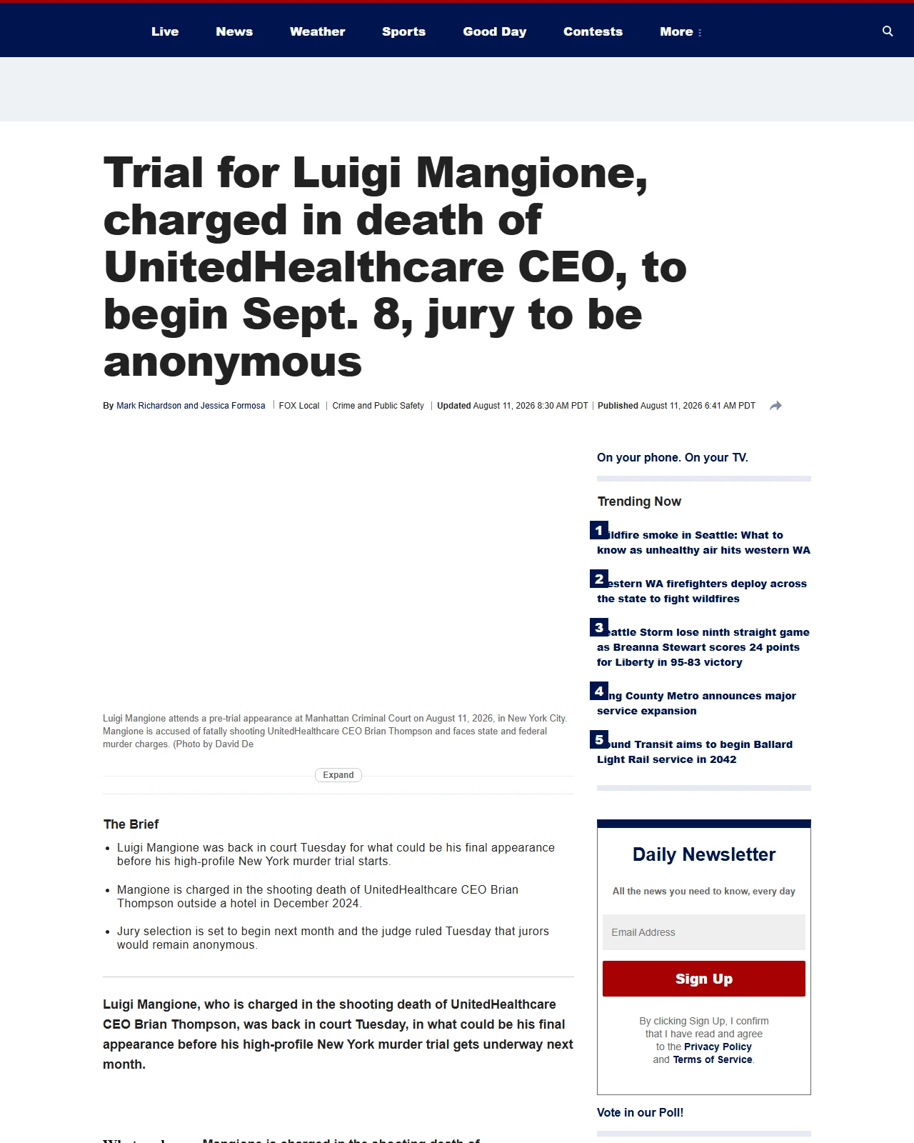 fox13seattle.com as published: Trial for Luigi Mangione, charged in death of UnitedHealthcare CEO, to begin Sept. 8, jury to be anonymous