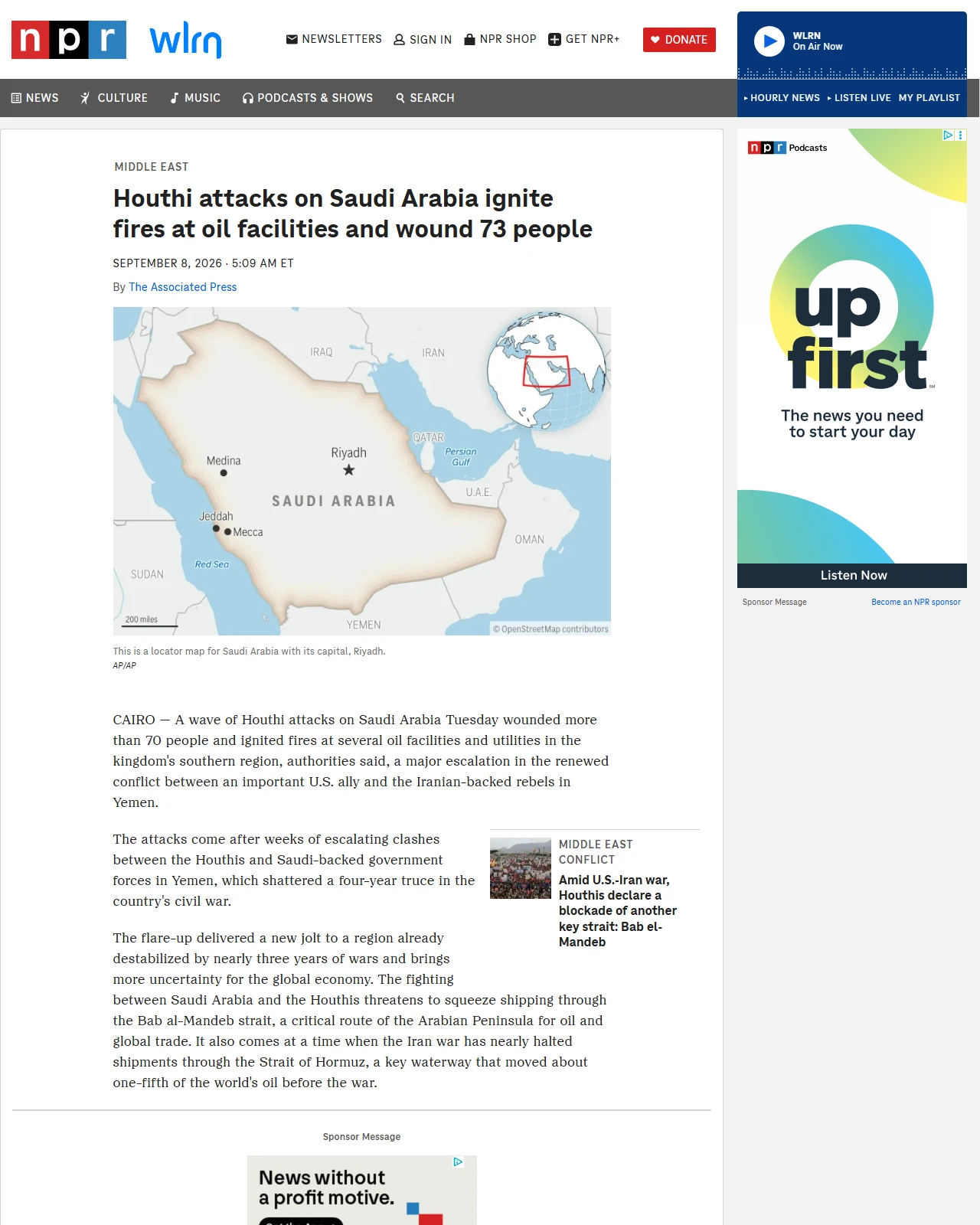 npr.org as published: Houthi attacks on Saudi Arabia ignite fires at oil facilities and wound 73 people