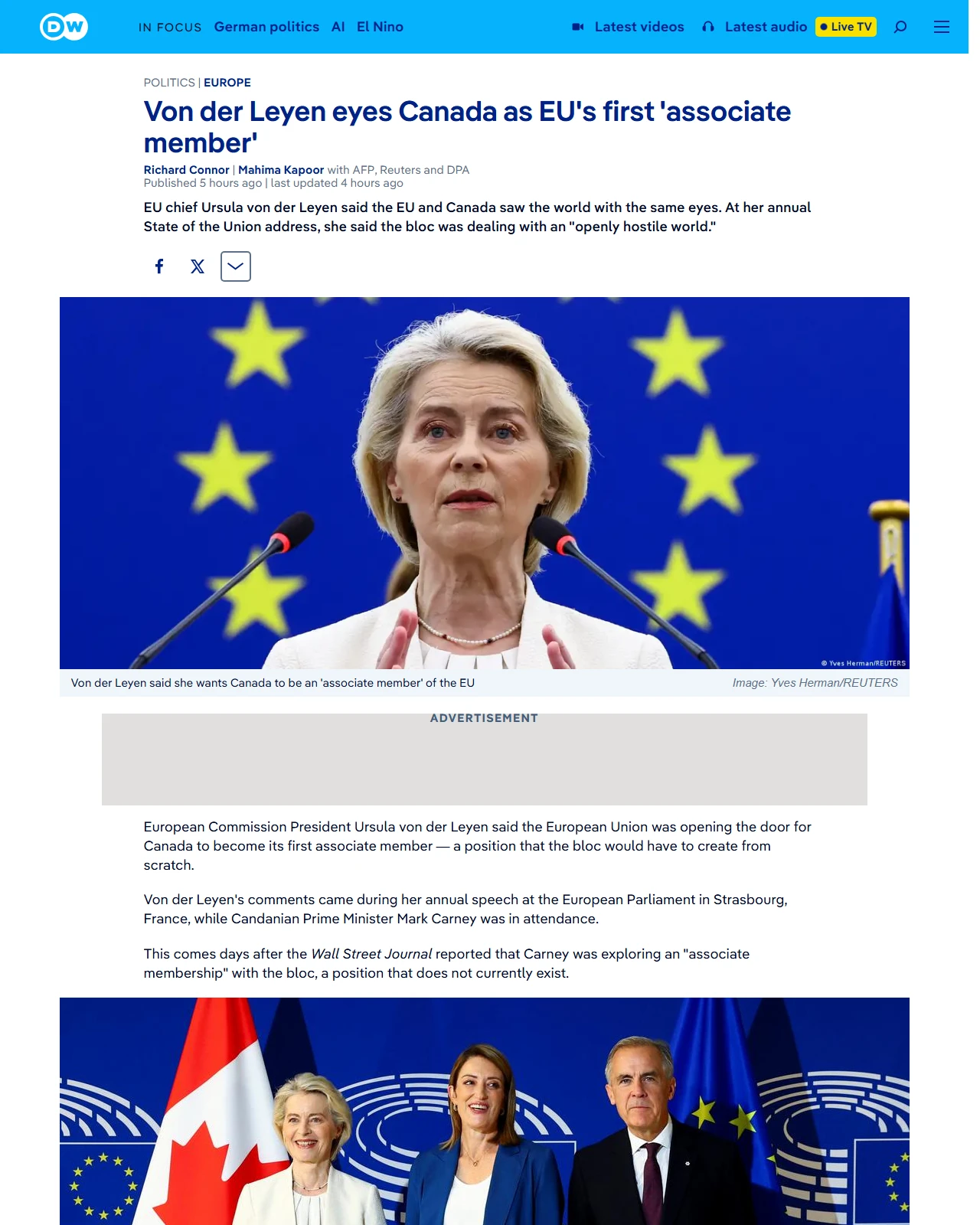 dw.com as published: Von der Leyen eyes Canada as EU's first 'associate member'