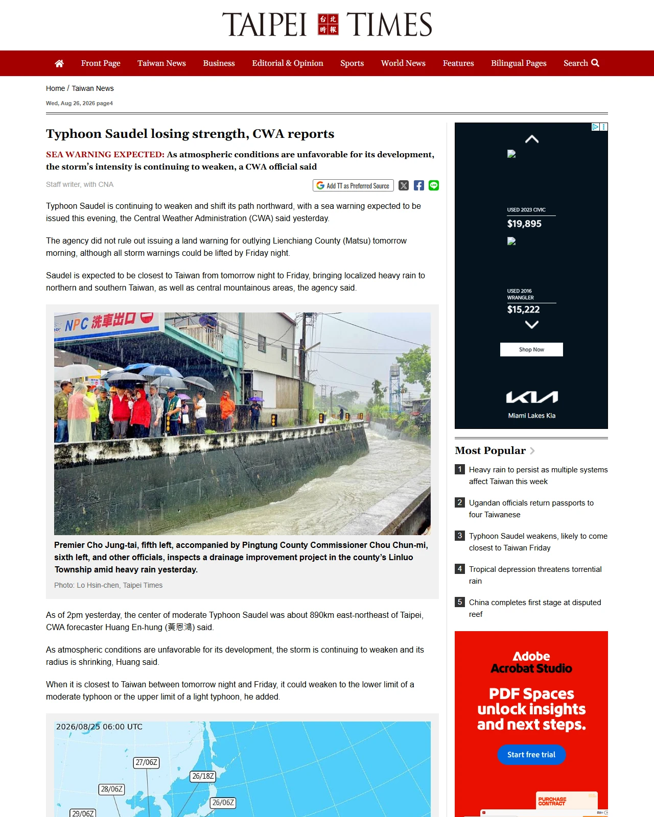 taipeitimes.com as published: Typhoon Saudel losing strength, CWA reports