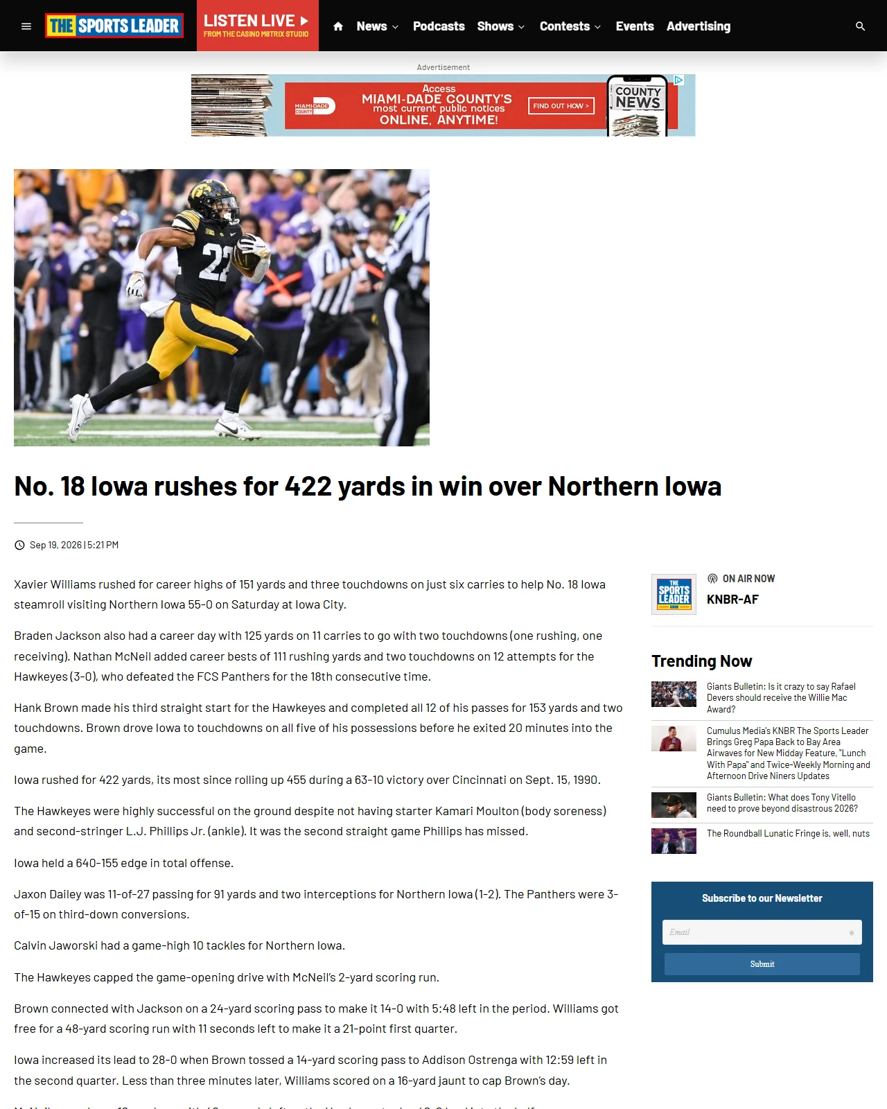 thesportsleader.com as published: No. 18 Iowa rushes for 422 yards in win over Northern Iowa