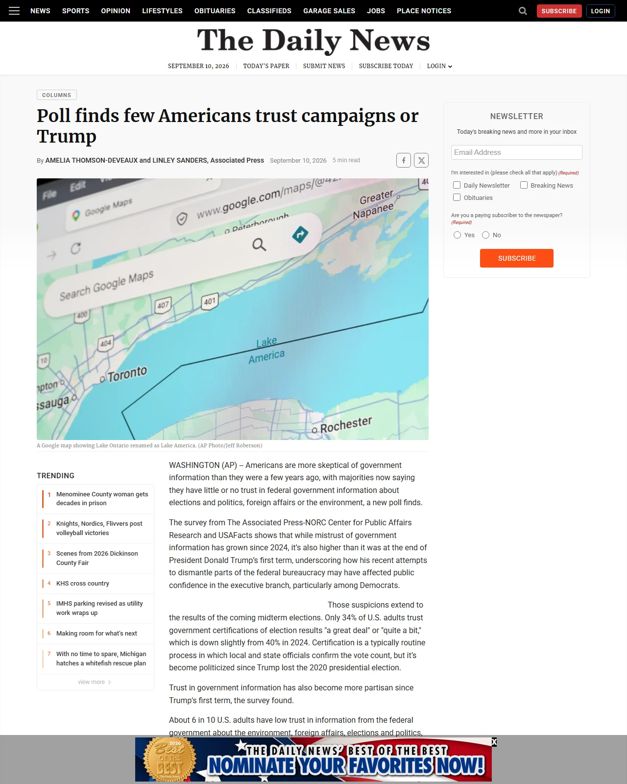 ironmountaindailynews.com as published: Poll finds few Americans trust campaigns or Trump -