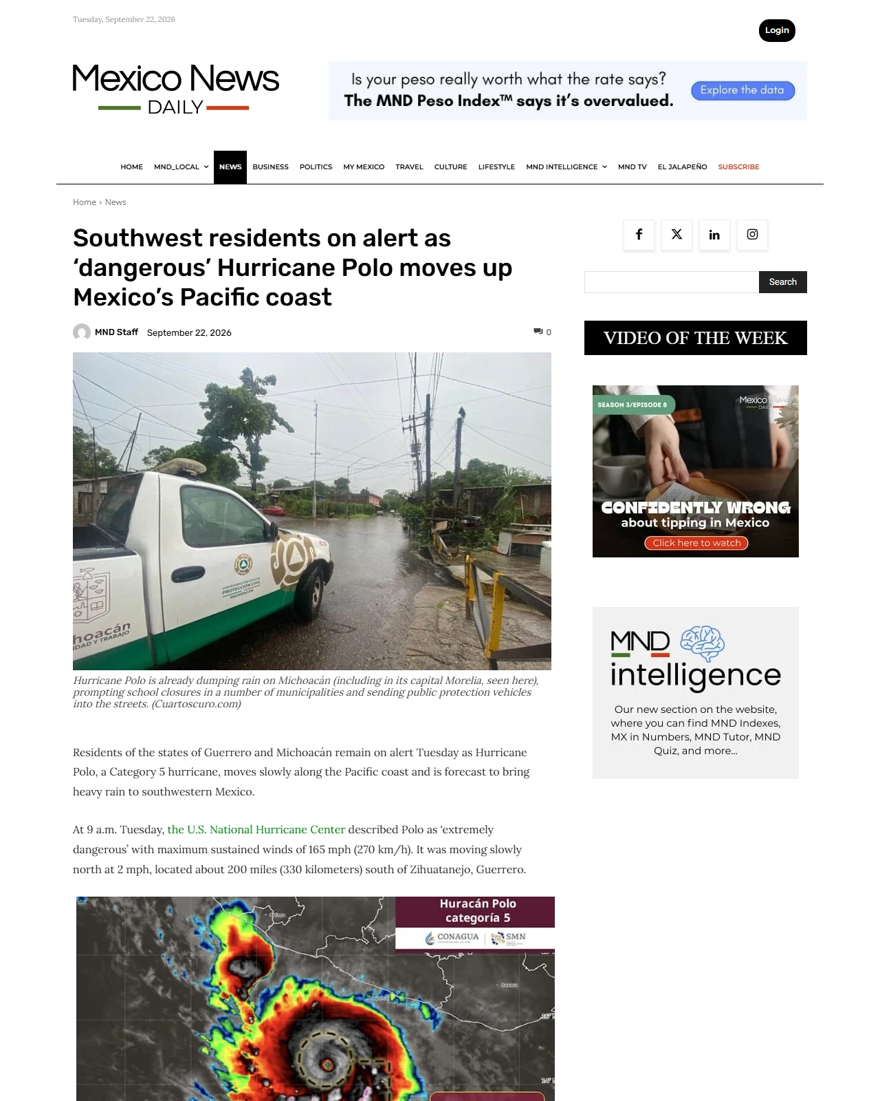 mexiconewsdaily.com as published: Southwest residents on alert as ‘dangerous’ Hurricane Polo moves up Mexico’s Pacific coast