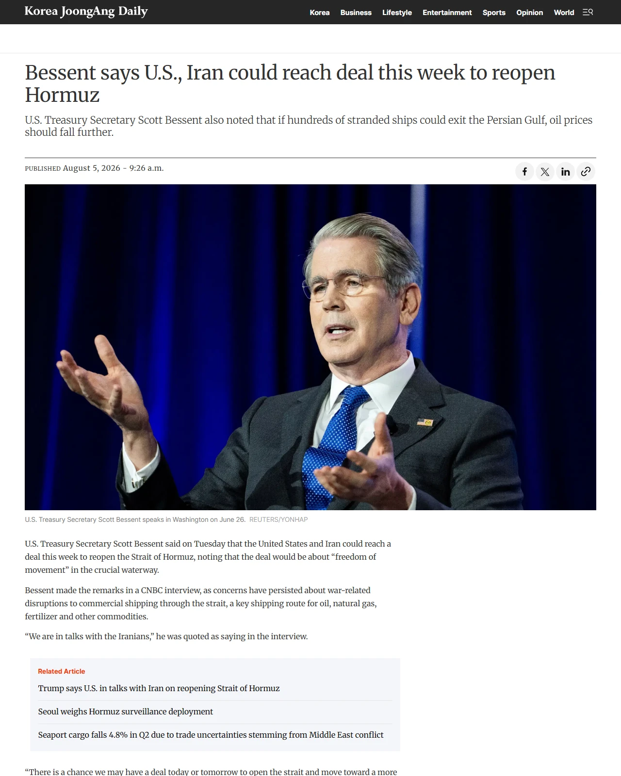 koreajoongangdaily.com as published: Bessent says U.S., Iran could reach deal this week to reopen Hormuz