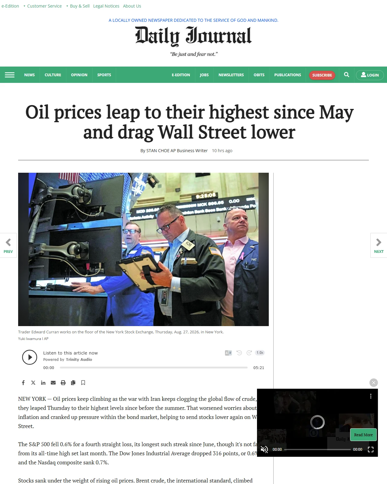 djournal.com as published: Oil prices leap to their highest since May and drag Wall Street lower