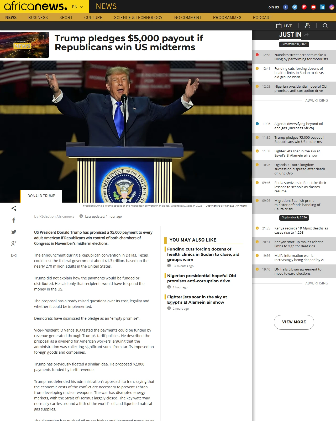 africanews.com as published: Trump pledges $5,000 payout if Republicans win US midterms