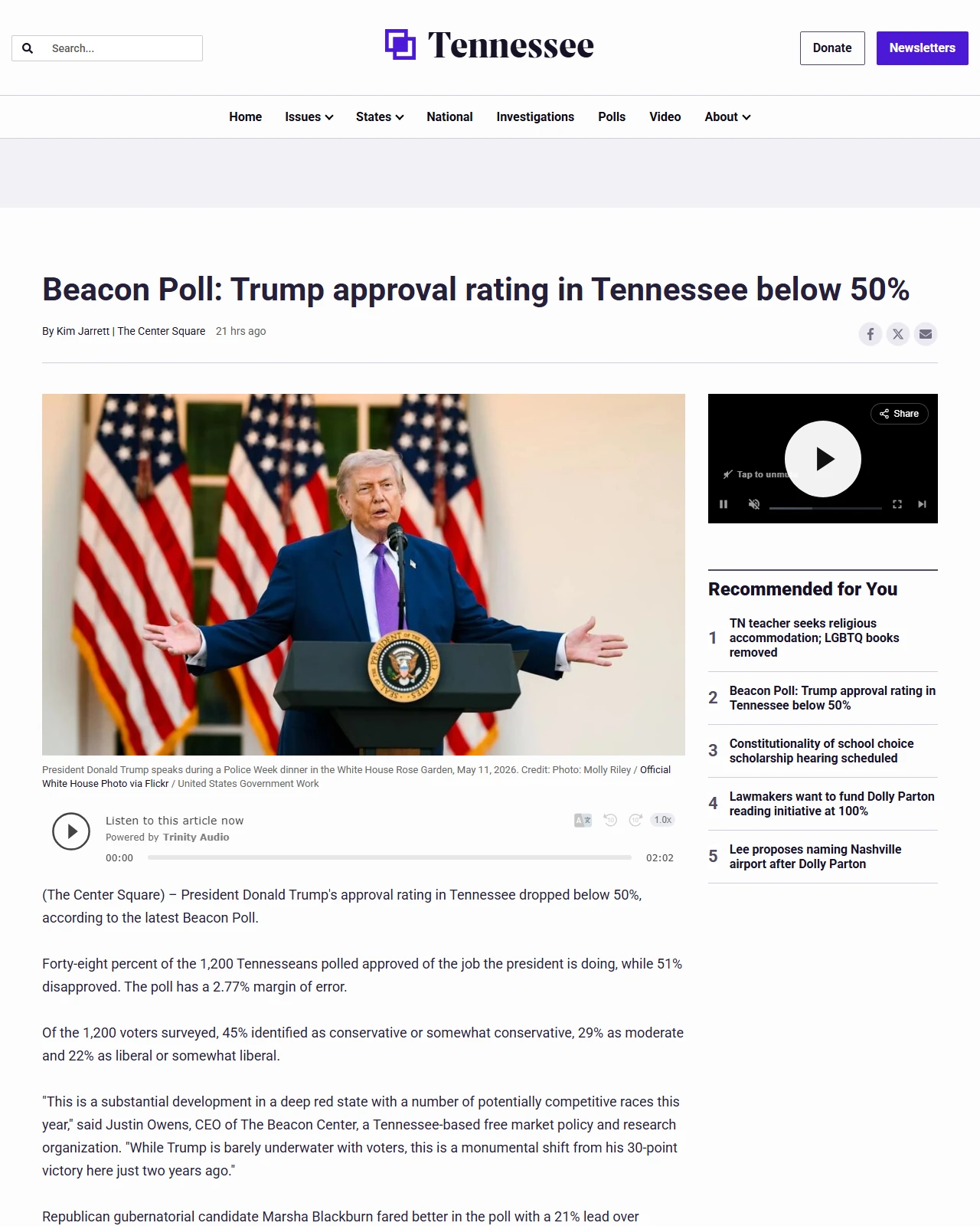 thecentersquare.com as published: Beacon Poll: Trump approval rating in Tennessee below 50%