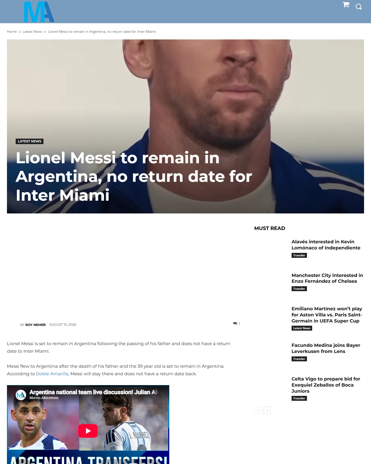 mundoalbiceleste.com as published: Lionel Messi to remain in Argentina, no return date for Inter Miami