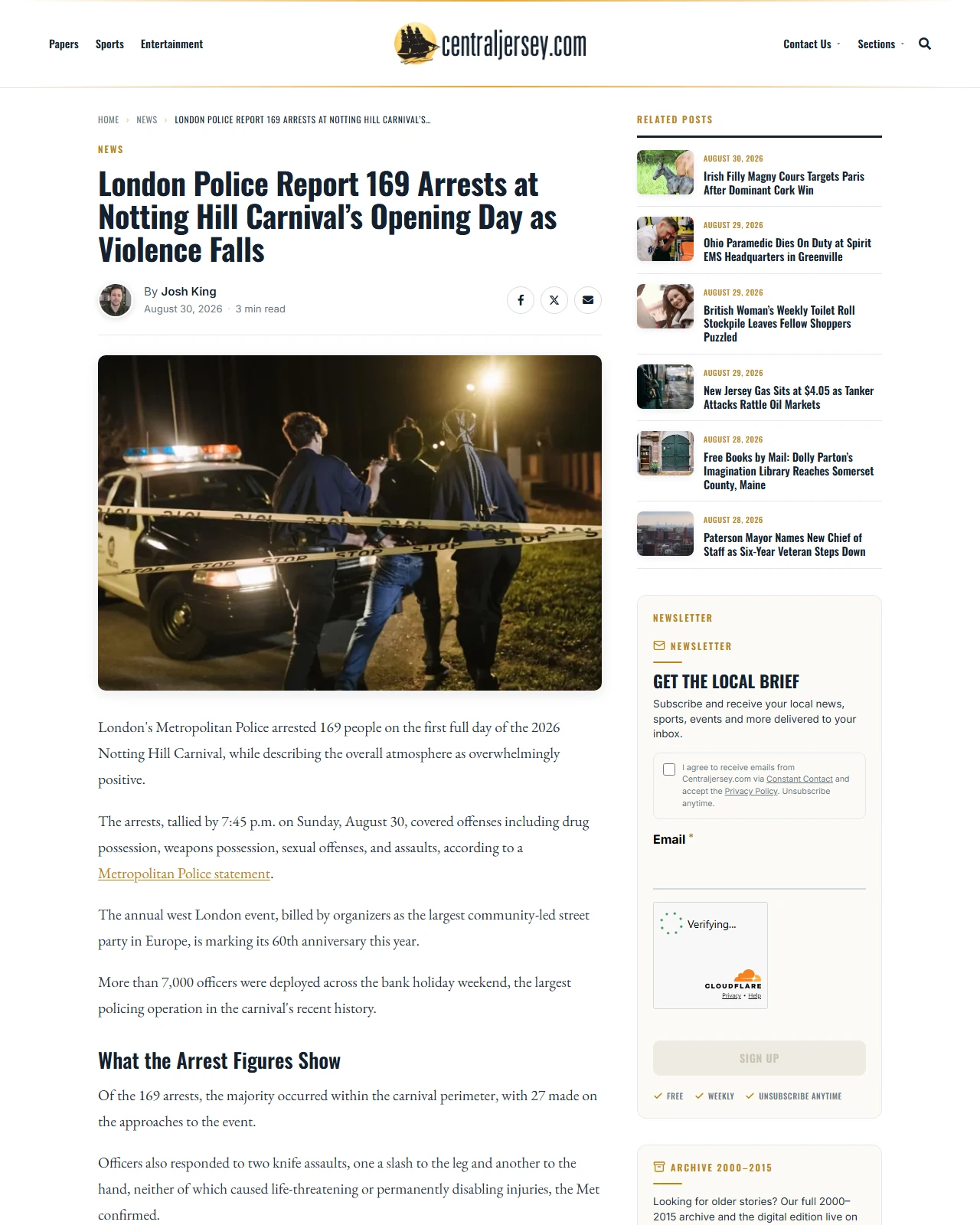 centraljersey.com as published: London Police Report 169 Arrests at Notting Hill Carnival’s Opening Day as Violence Falls