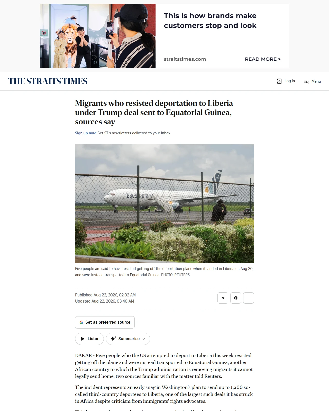 straitstimes.com as published: Migrants who resisted deportation to Liberia under Trump deal sent to Equatorial Guinea, sources say