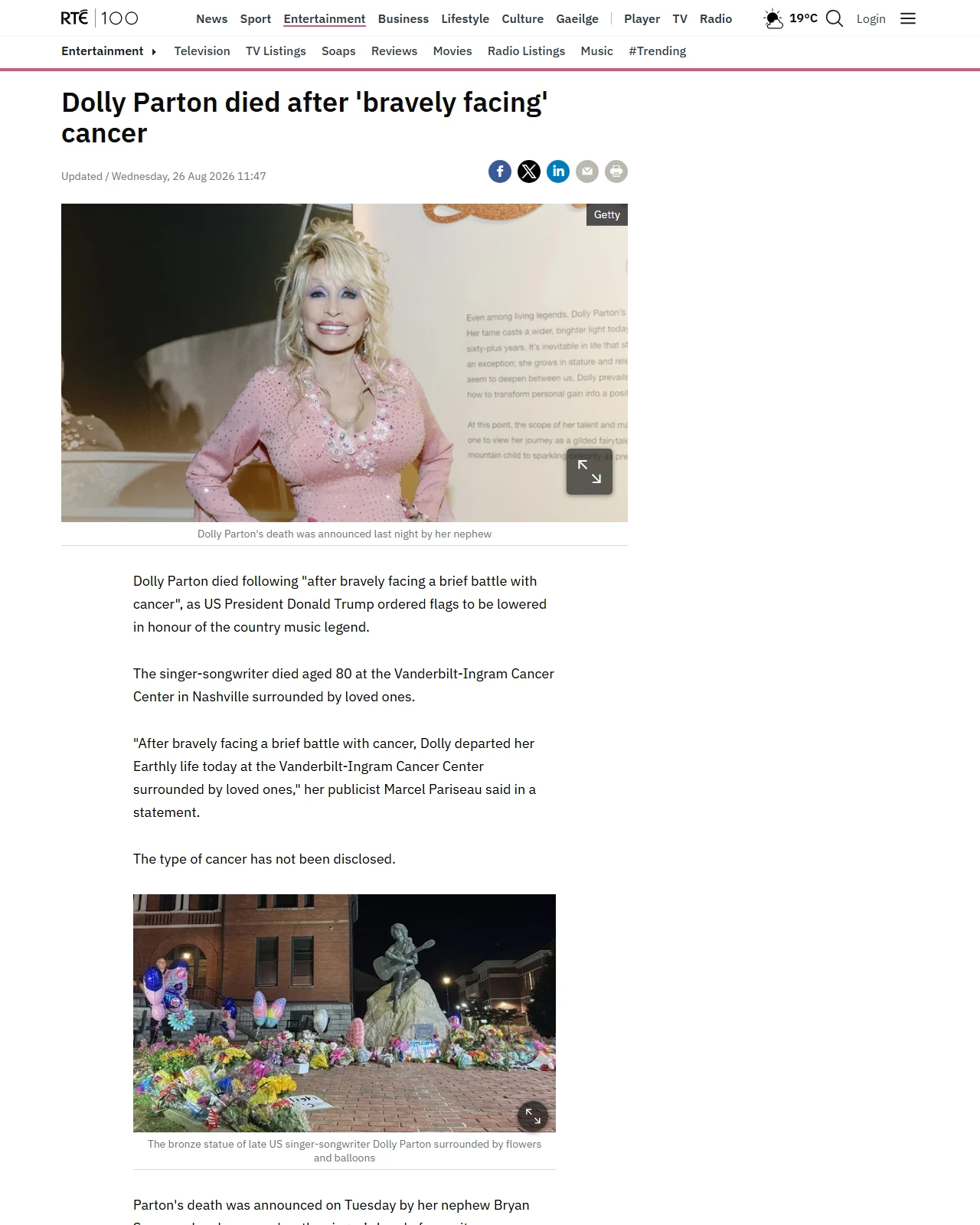 rte.ie as published: Dolly Parton died after a 'brief battle with cancer'