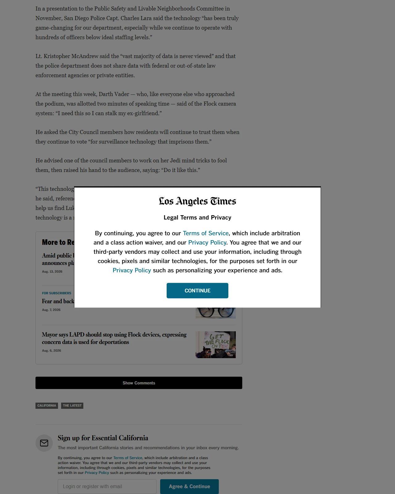 latimes.com as published: ‘The Emperor is a fan’: Darth Vader backs San Diego Flock surveillance cams