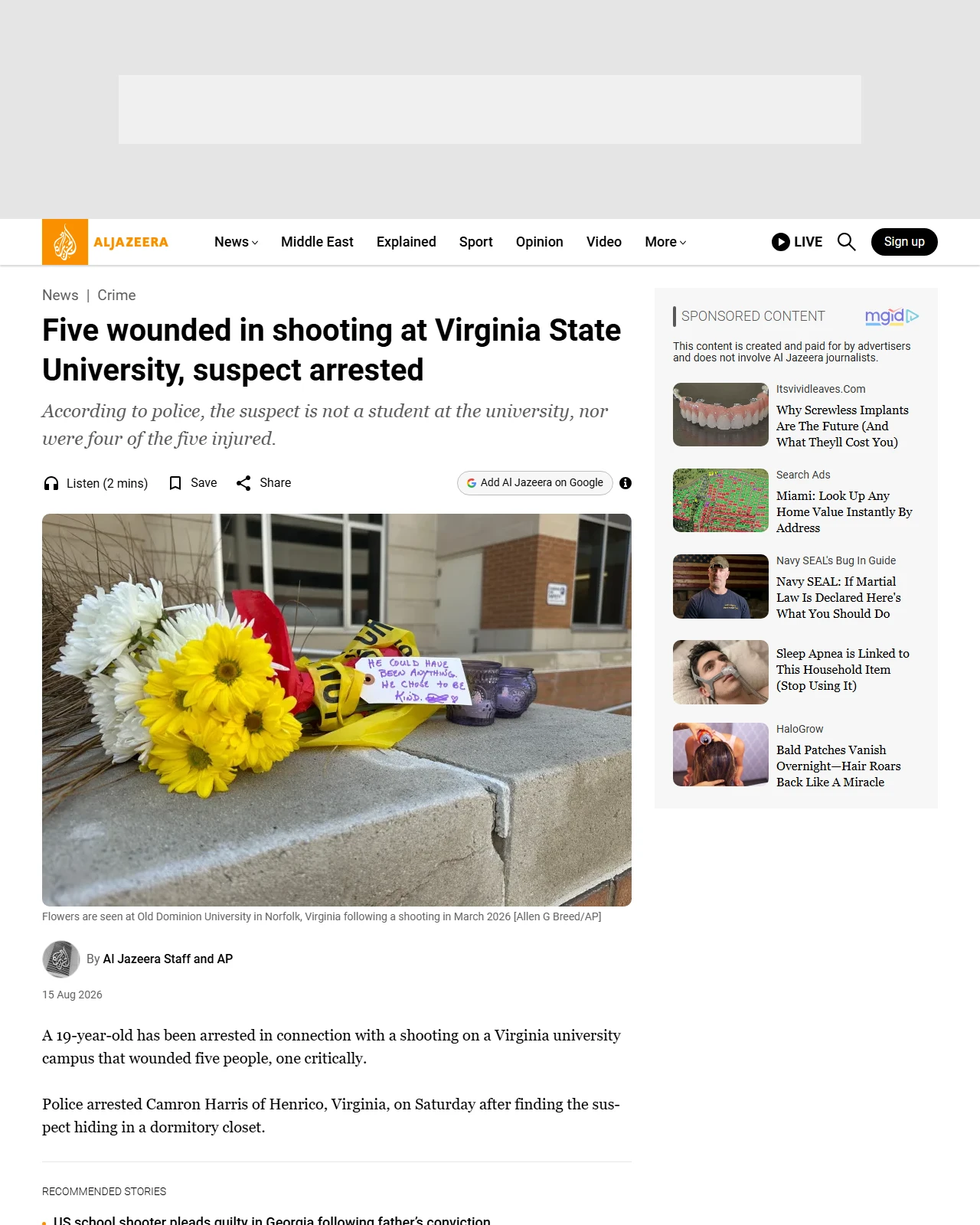 aljazeera.com as published: Five wounded in shooting at Virginia State University, suspect arrested