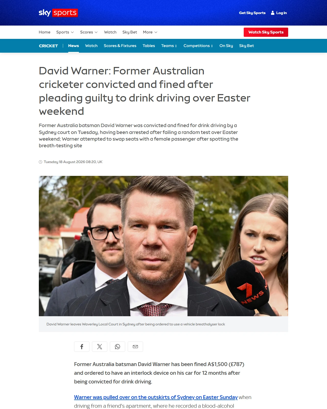 skysports.com as published: David Warner: Former Australian cricketer convicted and fined after pleading guilty to drink driving over Easter weekend