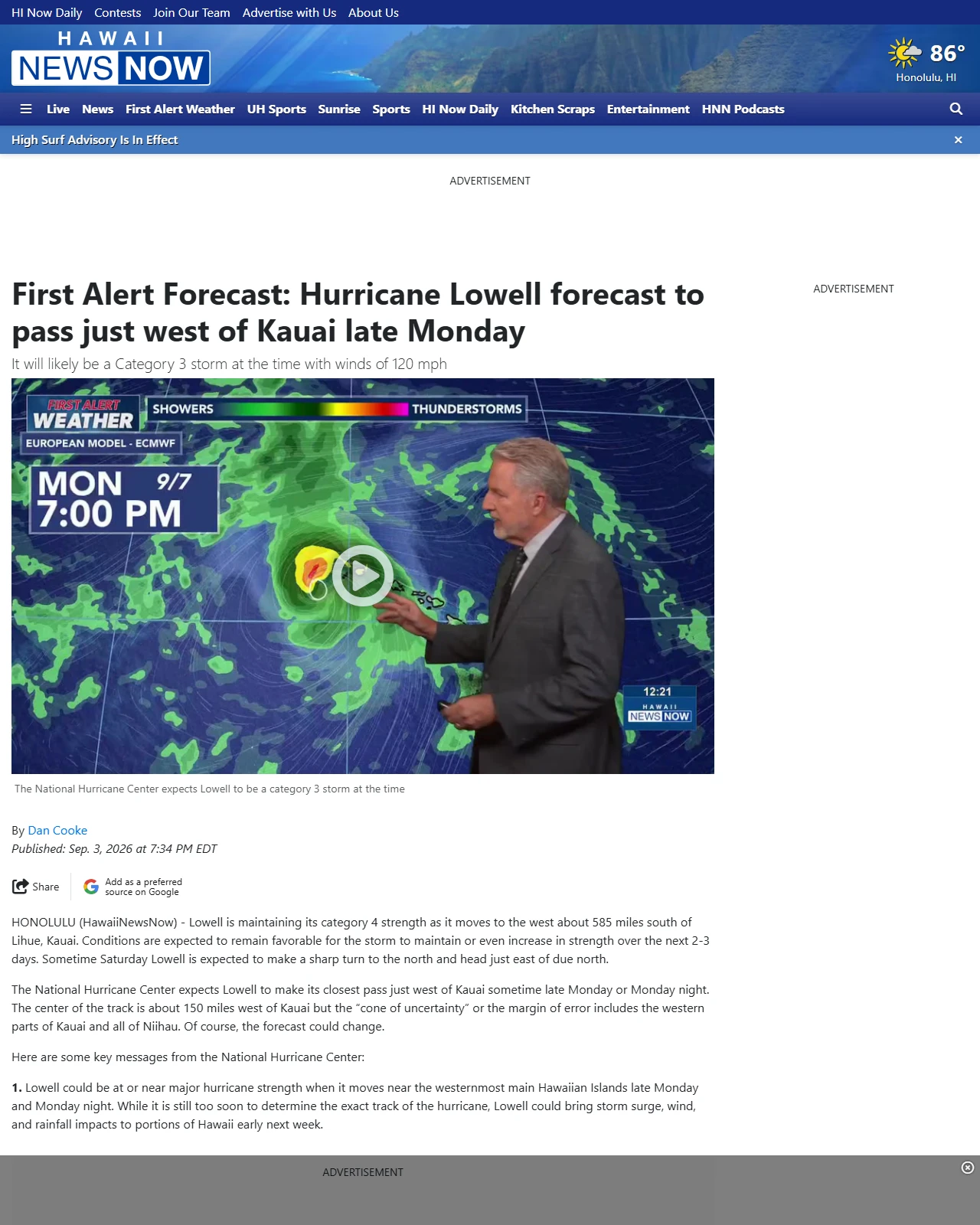 hawaiinewsnow.com as published: First Alert Forecast: Hurricane Lowell forecast to pass just west of Kauai late Monday